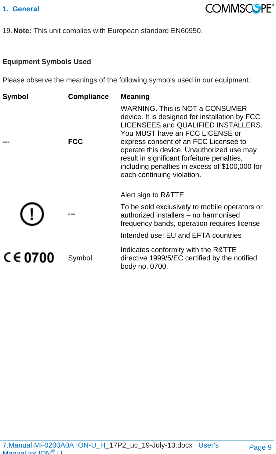 1.  General  7.Manual MF0200A0A ION-U_H_17P2_uc_19-July-13.docx   User’s Manual for ION®UPage 9 19. Note: This unit complies with European standard EN60950.  Equipment Symbols Used  Please observe the meanings of the following symbols used in our equipment:  Symbol Compliance Meaning --- FCC WARNING. This is NOT a CONSUMER device. It is designed for installation by FCC LICENSEES and QUALIFIED INSTALLERS. You MUST have an FCC LICENSE or express consent of an FCC Licensee to operate this device. Unauthorized use may result in significant forfeiture penalties, including penalties in excess of $100,000 for each continuing violation.  ---  Alert sign to R&amp;TTE To be sold exclusively to mobile operators or authorized installers – no harmonised frequency bands, operation requires license Intended use: EU and EFTA countries  Symbol Indicates conformity with the R&amp;TTE directive 1999/5/EC certified by the notified body no. 0700.   