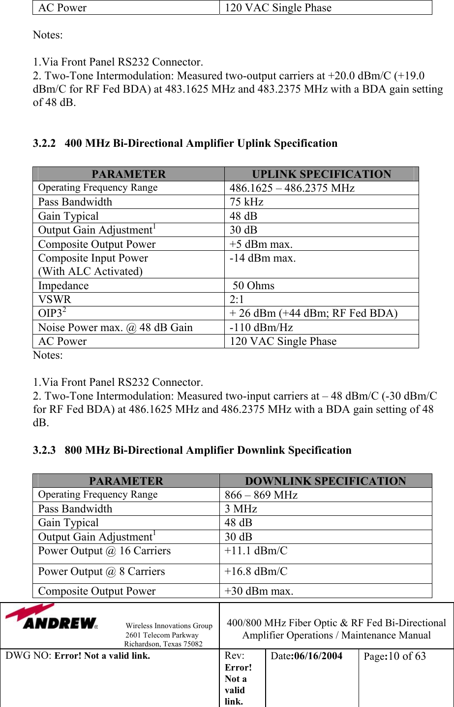                Wireless Innovations Group                                                                   2601 Telecom Parkway                                                         Richardson, Texas 75082  400/800 MHz Fiber Optic &amp; RF Fed Bi-Directional Amplifier Operations / Maintenance Manual DWG NO: Error! Not a valid link. Rev: Error! Not a valid link. Date:06/16/2004  Page:10 of 63  AC Power  120 VAC Single Phase  Notes:                        1.Via Front Panel RS232 Connector.            2. Two-Tone Intermodulation: Measured two-output carriers at +20.0 dBm/C (+19.0 dBm/C for RF Fed BDA) at 483.1625 MHz and 483.2375 MHz with a BDA gain setting of 48 dB.      3.2.2   400 MHz Bi-Directional Amplifier Uplink Specification             PARAMETER  UPLINK SPECIFICATION Operating Frequency Range 486.1625 – 486.2375 MHz Pass Bandwidth  75 kHz Gain Typical  48 dB Output Gain Adjustment1 30 dB Composite Output Power   +5 dBm max. Composite Input Power  (With ALC Activated) -14 dBm max. Impedance    50 Ohms VSWR 2:1 OIP32  + 26 dBm (+44 dBm; RF Fed BDA) Noise Power max. @ 48 dB Gain  -110 dBm/Hz AC Power  120 VAC Single Phase Notes:                                                    1.Via Front Panel RS232 Connector.            2. Two-Tone Intermodulation: Measured two-input carriers at – 48 dBm/C (-30 dBm/C for RF Fed BDA) at 486.1625 MHz and 486.2375 MHz with a BDA gain setting of 48 dB.    3.2.3   800 MHz Bi-Directional Amplifier Downlink Specification            PARAMETER  DOWNLINK SPECIFICATION Operating Frequency Range 866 – 869 MHz Pass Bandwidth  3 MHz Gain Typical  48 dB Output Gain Adjustment1 30 dB Power Output @ 16 Carriers  +11.1 dBm/C Power Output @ 8 Carriers  +16.8 dBm/C Composite Output Power  +30 dBm max. 