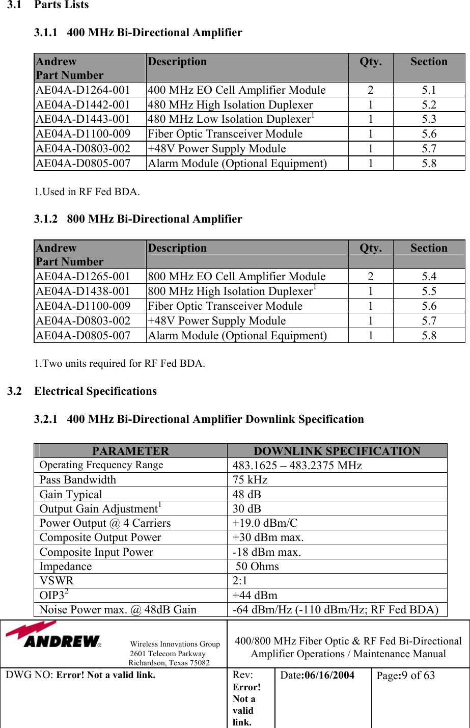                Wireless Innovations Group                                                                   2601 Telecom Parkway                                                         Richardson, Texas 75082  400/800 MHz Fiber Optic &amp; RF Fed Bi-Directional Amplifier Operations / Maintenance Manual DWG NO: Error! Not a valid link. Rev: Error! Not a valid link. Date:06/16/2004  Page:9 of 63  3.1 Parts Lists  3.1.1   400 MHz Bi-Directional Amplifier    Andrew  Part Number Description  Qty.  Section AE04A-D1264-001  400 MHz EO Cell Amplifier Module   2  5.1 AE04A-D1442-001  480 MHz High Isolation Duplexer  1  5.2 AE04A-D1443-001  480 MHz Low Isolation Duplexer1 1 5.3 AE04A-D1100-009  Fiber Optic Transceiver Module  1  5.6 AE04A-D0803-002  +48V Power Supply Module  1  5.7 AE04A-D0805-007 Alarm Module (Optional Equipment) 1 5.8   1.Used in RF Fed BDA.   3.1.2   800 MHz Bi-Directional Amplifier    Andrew  Part Number Description  Qty.  Section AE04A-D1265-001  800 MHz EO Cell Amplifier Module   2  5.4 AE04A-D1438-001  800 MHz High Isolation Duplexer1 1 5.5 AE04A-D1100-009  Fiber Optic Transceiver Module  1  5.6 AE04A-D0803-002  +48V Power Supply Module  1  5.7 AE04A-D0805-007 Alarm Module (Optional Equipment) 1 5.8   1.Two units required for RF Fed BDA.  3.2 Electrical Specifications  3.2.1   400 MHz Bi-Directional Amplifier Downlink Specification            PARAMETER  DOWNLINK SPECIFICATION Operating Frequency Range 483.1625 – 483.2375 MHz Pass Bandwidth  75 kHz Gain Typical  48 dB Output Gain Adjustment1 30 dB Power Output @ 4 Carriers  +19.0 dBm/C Composite Output Power   +30 dBm max. Composite Input Power   -18 dBm max. Impedance    50 Ohms VSWR 2:1 OIP32 +44 dBm Noise Power max. @ 48dB Gain  -64 dBm/Hz (-110 dBm/Hz; RF Fed BDA) 