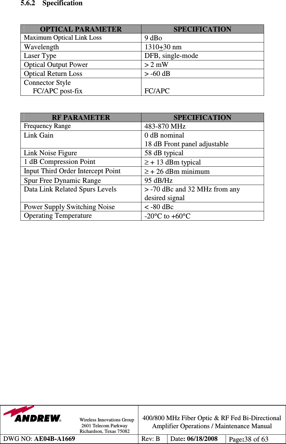                Wireless Innovations Group                                                                                        2601 Telecom Parkway                                                         Richardson, Texas 75082  400/800 MHz Fiber Optic &amp; RF Fed Bi-Directional Amplifier Operations / Maintenance Manual DWG NO: AE04B-A1669  Rev: B  Date: 06/18/2008  Page:38 of 63  5.6.2 Specification   OPTICAL PARAMETER  SPECIFICATION Maximum Optical Link Loss 9 dBo Wavelength  1310+30 nm Laser Type  DFB, single-mode Optical Output Power  &gt; 2 mW Optical Return Loss  &gt; -60 dB Connector Style      FC/APC post-fix  FC/APC   RF PARAMETER  SPECIFICATION Frequency Range 483-870 MHz Link Gain  0 dB nominal 18 dB Front panel adjustable Link Noise Figure  58 dB typical 1 dB Compression Point  ≥ + 13 dBm typical Input Third Order Intercept Point  ≥ + 26 dBm minimum Spur Free Dynamic Range   95 dB/Hz Data Link Related Spurs Levels  &gt; -70 dBc and 32 MHz from any desired signal Power Supply Switching Noise  &lt; -80 dBc Operating Temperature   -20°C to +60°C                     