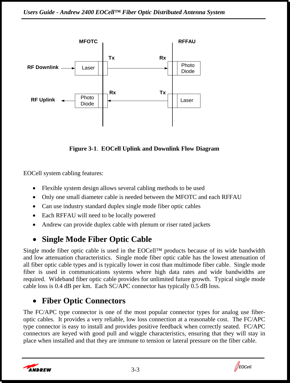 Users Guide - Andrew 2400 EOCell™ Fiber Optic Distributed Antenna System    3-3            Figure 3-1.  EOCell Uplink and Downlink Flow Diagram   EOCell system cabling features:  • Flexible system design allows several cabling methods to be used  • Only one small diameter cable is needed between the MFOTC and each RFFAU • Can use industry standard duplex single mode fiber optic cables • Each RFFAU will need to be locally powered • Andrew can provide duplex cable with plenum or riser rated jackets • Single Mode Fiber Optic Cable Single mode fiber optic cable is used in the EOCell™ products because of its wide bandwidth and low attenuation characteristics.  Single mode fiber optic cable has the lowest attenuation of all fiber optic cable types and is typically lower in cost than multimode fiber cable.  Single mode fiber is used in communications systems where high data rates and wide bandwidths are required.  Wideband fiber optic cable provides for unlimited future growth.  Typical single mode cable loss is 0.4 dB per km.  Each SC/APC connector has typically 0.5 dB loss. • Fiber Optic Connectors The FC/APC type connector is one of the most popular connector types for analog use fiber-optic cables.  It provides a very reliable, low loss connection at a reasonable cost.  The FC/APC type connector is easy to install and provides positive feedback when correctly seated.  FC/APC connectors are keyed with good pull and wiggle characteristics, ensuring that they will stay in place when installed and that they are immune to tension or lateral pressure on the fiber cable.  PhotoDiode LaserPhotoDiodeRF DownlinkRF UplinkTx RxMFOTC RFFAULaserRx Tx