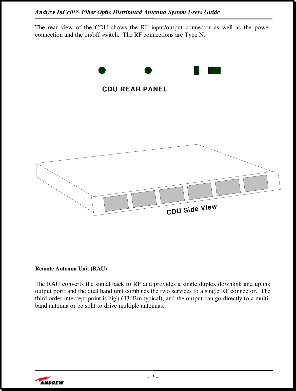 Andrew InCell™ Fiber Optic Distributed Antenna System Users Guide- 2 -The rear view of the CDU shows the RF input/output connector as well as the powerconnection and the on/off switch.  The RF connections are Type N.CDU REAR PANELCDU Side ViewRemote Antenna Unit (RAU)The RAU converts the signal back to RF and provides a single duplex downlink and uplinkoutput port; and the dual band unit combines the two services to a single RF connector.  Thethird order intercept point is high (33dBm typical), and the output can go directly to a multi-band antenna or be split to drive multiple antennas.