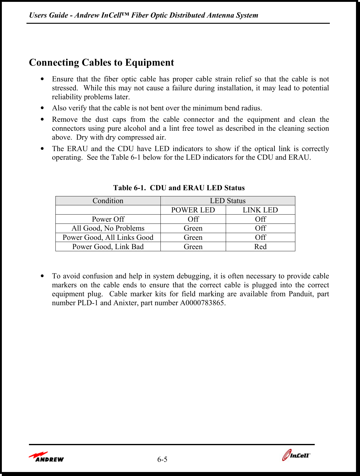 Users Guide - Andrew InCell™ Fiber Optic Distributed Antenna System    6-5      Connecting Cables to Equipment •  Ensure that the fiber optic cable has proper cable strain relief so that the cable is not stressed.  While this may not cause a failure during installation, it may lead to potential reliability problems later.   •  Also verify that the cable is not bent over the minimum bend radius.  •  Remove the dust caps from the cable connector and the equipment and clean the connectors using pure alcohol and a lint free towel as described in the cleaning section above.  Dry with dry compressed air. •  The ERAU and the CDU have LED indicators to show if the optical link is correctly operating.  See the Table 6-1 below for the LED indicators for the CDU and ERAU.   Table 6-1.  CDU and ERAU LED Status Condition  LED Status   POWER LED  LINK LED Power Off  Off  Off All Good, No Problems  Green  Off Power Good, All Links Good  Green  Off Power Good, Link Bad  Green  Red   •  To avoid confusion and help in system debugging, it is often necessary to provide cable markers on the cable ends to ensure that the correct cable is plugged into the correct equipment plug.  Cable marker kits for field marking are available from Panduit, part number PLD-1 and Anixter, part number A0000783865.     