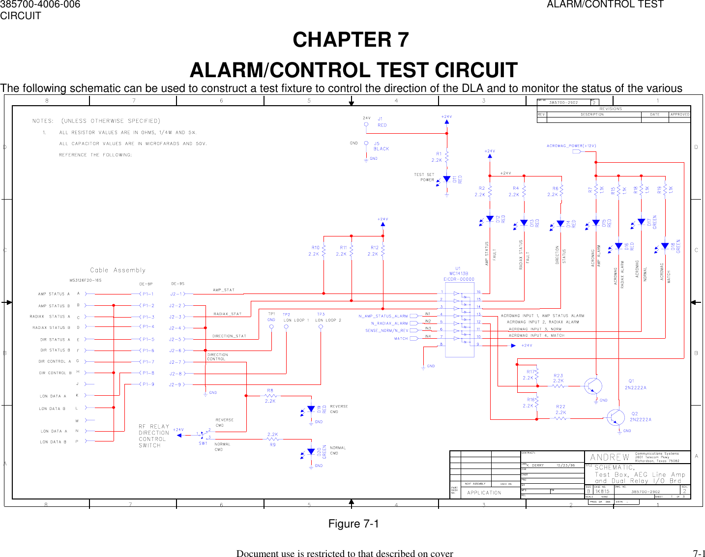 385700-4006-006                                                                                                                                                                     ALARM/CONTROL TESTCIRCUITDocument use is restricted to that described on cover 7-1CHAPTER 7 ALARM/CONTROL TEST CIRCUITThe following schematic can be used to construct a test fixture to control the direction of the DLA and to monitor the status of the variousFigure 7-1