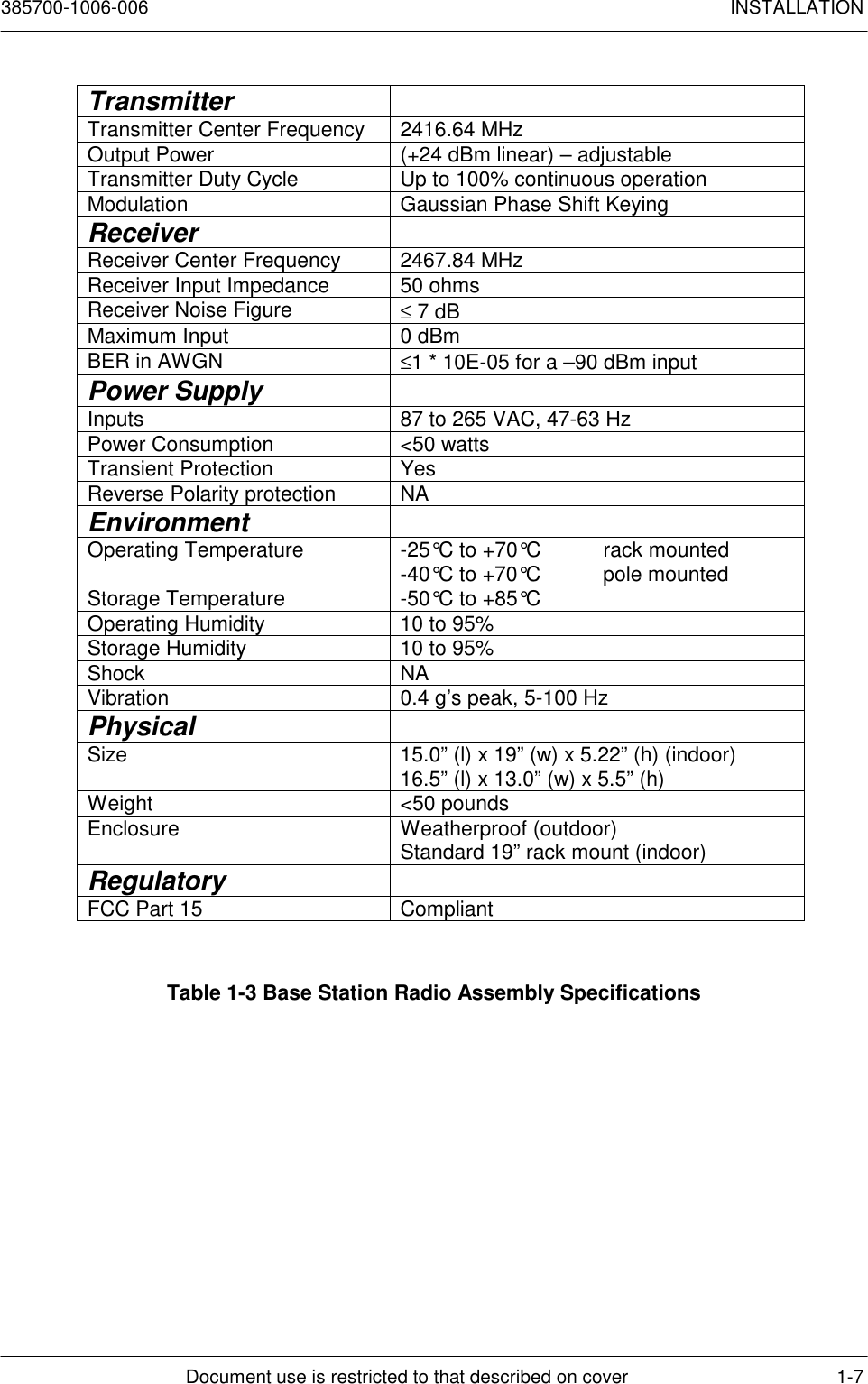 385700-1006-006 INSTALLATIONDocument use is restricted to that described on cover 1-7TransmitterTransmitter Center Frequency 2416.64 MHzOutput Power (+24 dBm linear) – adjustableTransmitter Duty Cycle Up to 100% continuous operationModulation Gaussian Phase Shift KeyingReceiverReceiver Center Frequency 2467.84 MHzReceiver Input Impedance 50 ohmsReceiver Noise Figure ≤ 7 dBMaximum Input 0 dBmBER in AWGN ≤1 * 10E-05 for a –90 dBm inputPower SupplyInputs 87 to 265 VAC, 47-63 HzPower Consumption &lt;50 wattsTransient Protection YesReverse Polarity protection NAEnvironmentOperating Temperature -25°C to +70°C rack mounted-40°C to +70°C pole mountedStorage Temperature -50°C to +85°COperating Humidity 10 to 95%Storage Humidity 10 to 95%Shock NAVibration 0.4 g’s peak, 5-100 HzPhysicalSize 15.0” (l) x 19” (w) x 5.22” (h) (indoor)16.5” (l) x 13.0” (w) x 5.5” (h)Weight &lt;50 poundsEnclosure Weatherproof (outdoor)Standard 19” rack mount (indoor)RegulatoryFCC Part 15 CompliantTable 1-3 Base Station Radio Assembly Specifications