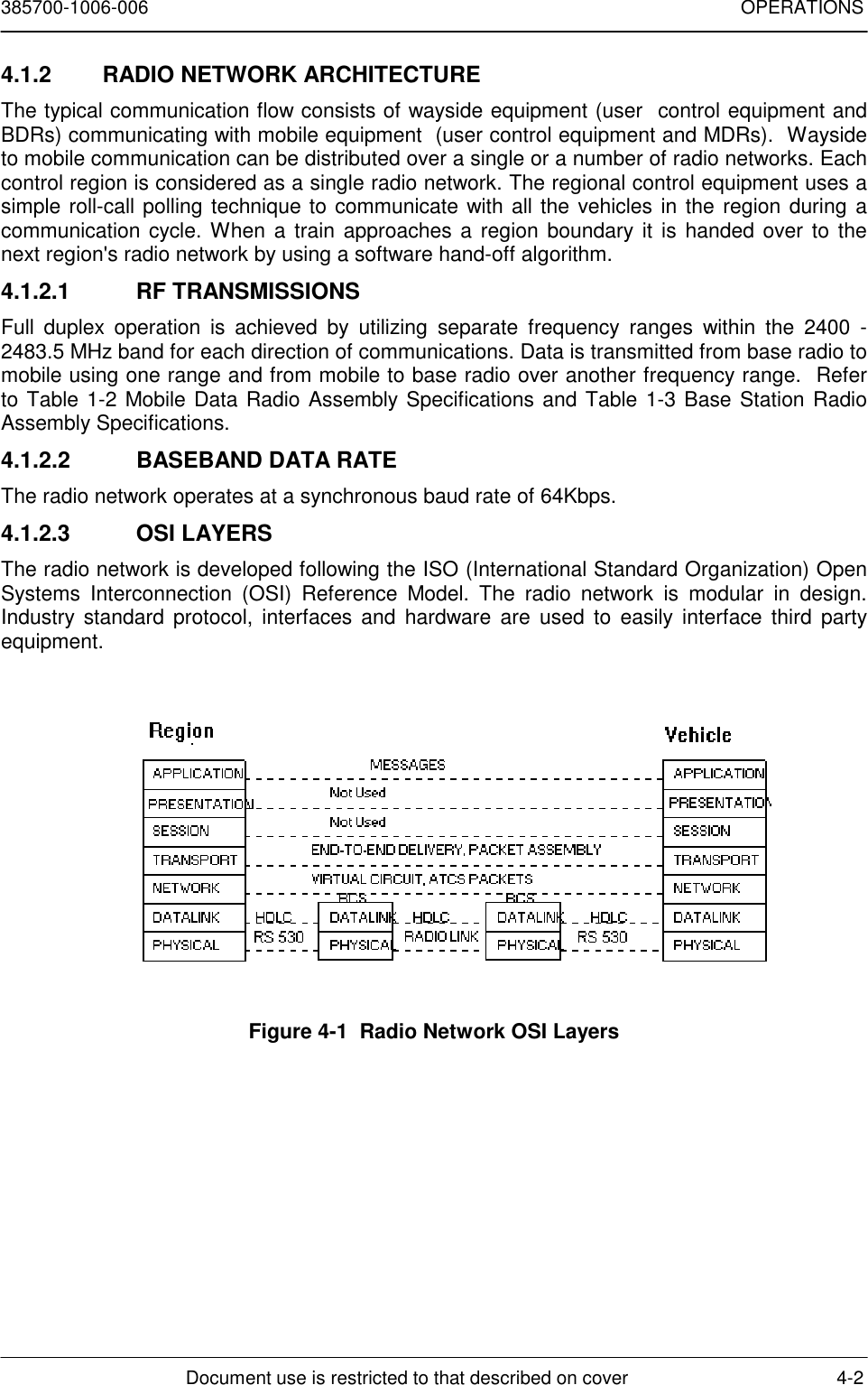 385700-1006-006 OPERATIONSDocument use is restricted to that described on cover 4-24.1.2  RADIO NETWORK ARCHITECTUREThe typical communication flow consists of wayside equipment (user  control equipment andBDRs) communicating with mobile equipment  (user control equipment and MDRs).  Waysideto mobile communication can be distributed over a single or a number of radio networks. Eachcontrol region is considered as a single radio network. The regional control equipment uses asimple roll-call polling technique to communicate with all the vehicles in the region during acommunication cycle. When a train approaches a region boundary it is handed over to thenext region&apos;s radio network by using a software hand-off algorithm.4.1.2.1 RF TRANSMISSIONSFull duplex operation is achieved by utilizing separate frequency ranges within the 2400 -2483.5 MHz band for each direction of communications. Data is transmitted from base radio tomobile using one range and from mobile to base radio over another frequency range.  Referto Table 1-2 Mobile Data Radio Assembly Specifications and Table 1-3 Base Station RadioAssembly Specifications.4.1.2.2  BASEBAND DATA RATEThe radio network operates at a synchronous baud rate of 64Kbps.4.1.2.3 OSI LAYERSThe radio network is developed following the ISO (International Standard Organization) OpenSystems Interconnection (OSI) Reference Model. The radio network is modular in design.Industry standard protocol, interfaces and hardware are used to easily interface third partyequipment.Figure 4-1  Radio Network OSI Layers