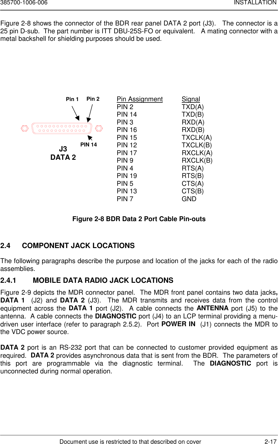 385700-1006-006 INSTALLATIONDocument use is restricted to that described on cover 2-17Figure 2-8 shows the connector of the BDR rear panel DATA 2 port (J3).   The connector is a25 pin D-sub.  The part number is ITT DBU-25S-FO or equivalent.   A mating connector with ametal backshell for shielding purposes should be used.Figure 2-8 BDR Data 2 Port Cable Pin-outs2.4  COMPONENT JACK LOCATIONSThe following paragraphs describe the purpose and location of the jacks for each of the radioassemblies.2.4.1  MOBILE DATA RADIO JACK LOCATIONSFigure 2-9 depicts the MDR connector panel.  The MDR front panel contains two data jacks,DATA 1  (J2) and DATA 2 (J3).  The MDR transmits and receives data from the controlequipment across the DATA 1 port (J2).  A cable connects the ANTENNA port (J5) to theantenna.  A cable connects the DIAGNOSTIC port (J4) to an LCP terminal providing a menu-driven user interface (refer to paragraph 2.5.2).  Port POWER IN  (J1) connects the MDR tothe VDC power source.DATA 2 port is an RS-232 port that can be connected to customer provided equipment asrequired.  DATA 2 provides asynchronous data that is sent from the BDR.  The parameters ofthis port are programmable via the diagnostic terminal.  The DIAGNOSTIC port isunconnected during normal operation.Pin Assignment SignalPIN 2 TXD(A)PIN 14 TXD(B)PIN 3 RXD(A)PIN 16 RXD(B)PIN 15 TXCLK(A)PIN 12 TXCLK(B)PIN 17 RXCLK(A)PIN 9 RXCLK(B)PIN 4 RTS(A)PIN 19 RTS(B)PIN 5 CTS(A)PIN 13 CTS(B)PIN 7 GNDJ3DATA 2Pin 1 Pin 2PIN 14