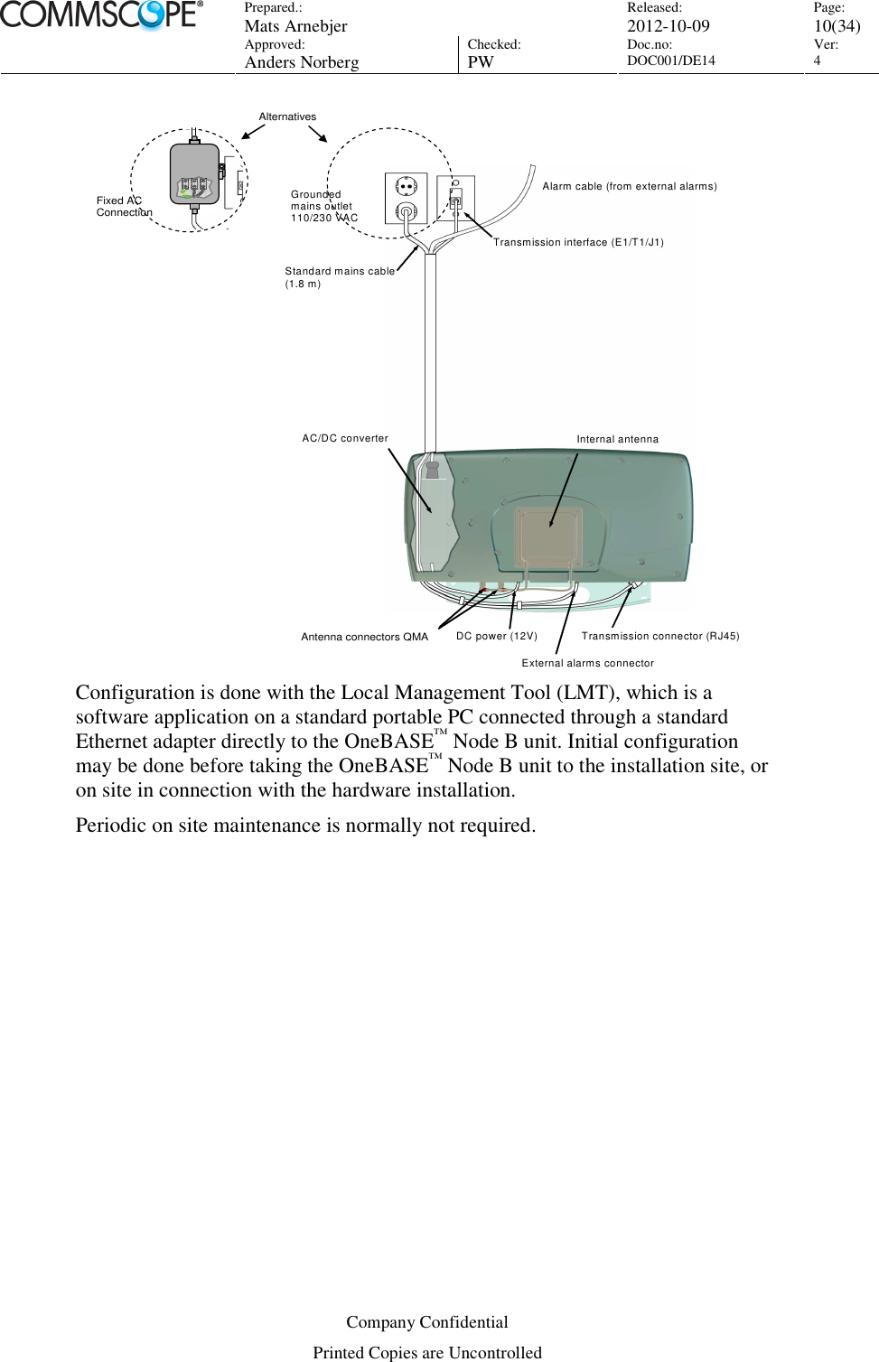 Prepared.:  Mats Arnebjer Released: 2012-10-09 Page: 10(34)  Approved:  Anders Norberg Checked:  PW Doc.no: DOC001/DE14  Ver:  4  Company Confidential Printed Copies are Uncontrolled  Transmission interface (E1/T1/J1) Grounded  mains outlet  110/230 VAC Transmission connector (RJ45) AC/DC converter  Internal antenna DC power (12V) Antenna connectors (SMA) Standard mains cable (1.8 m) Alarm cable (from external alarms) External alarms connector  110/230 VAC Fixed ACConnectionAlternativesAntenna connectors QMA Configuration is done with the Local Management Tool (LMT), which is a software application on a standard portable PC connected through a standard Ethernet adapter directly to the OneBASE™ Node B unit. Initial configuration may be done before taking the OneBASE™ Node B unit to the installation site, or on site in connection with the hardware installation. Periodic on site maintenance is normally not required. 