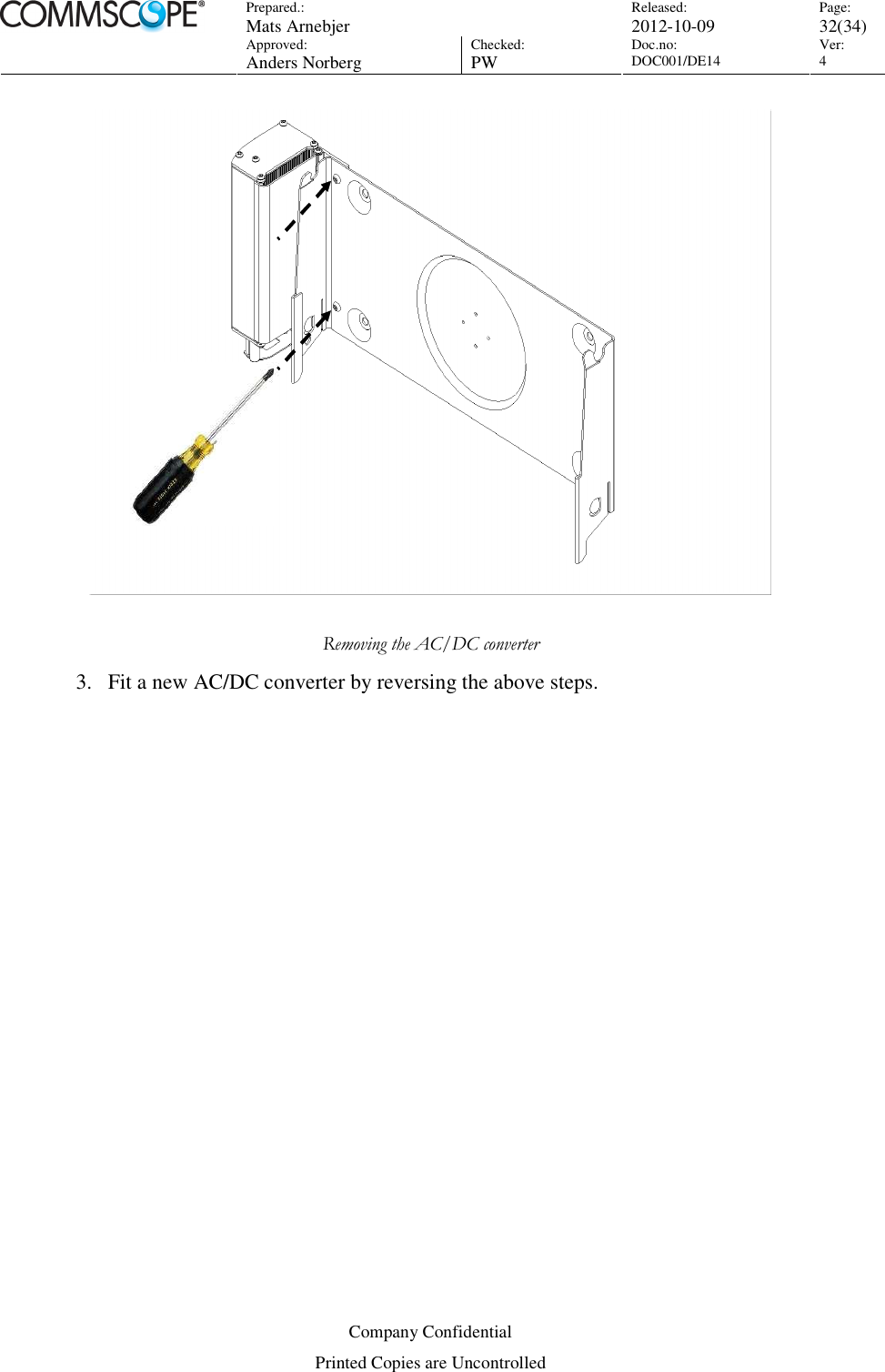 Prepared.:  Mats Arnebjer Released: 2012-10-09 Page: 32(34)  Approved:  Anders Norberg Checked:  PW Doc.no: DOC001/DE14  Ver:  4  Company Confidential Printed Copies are Uncontrolled   Removing the AC/DC converter 3. Fit a new AC/DC converter by reversing the above steps.  