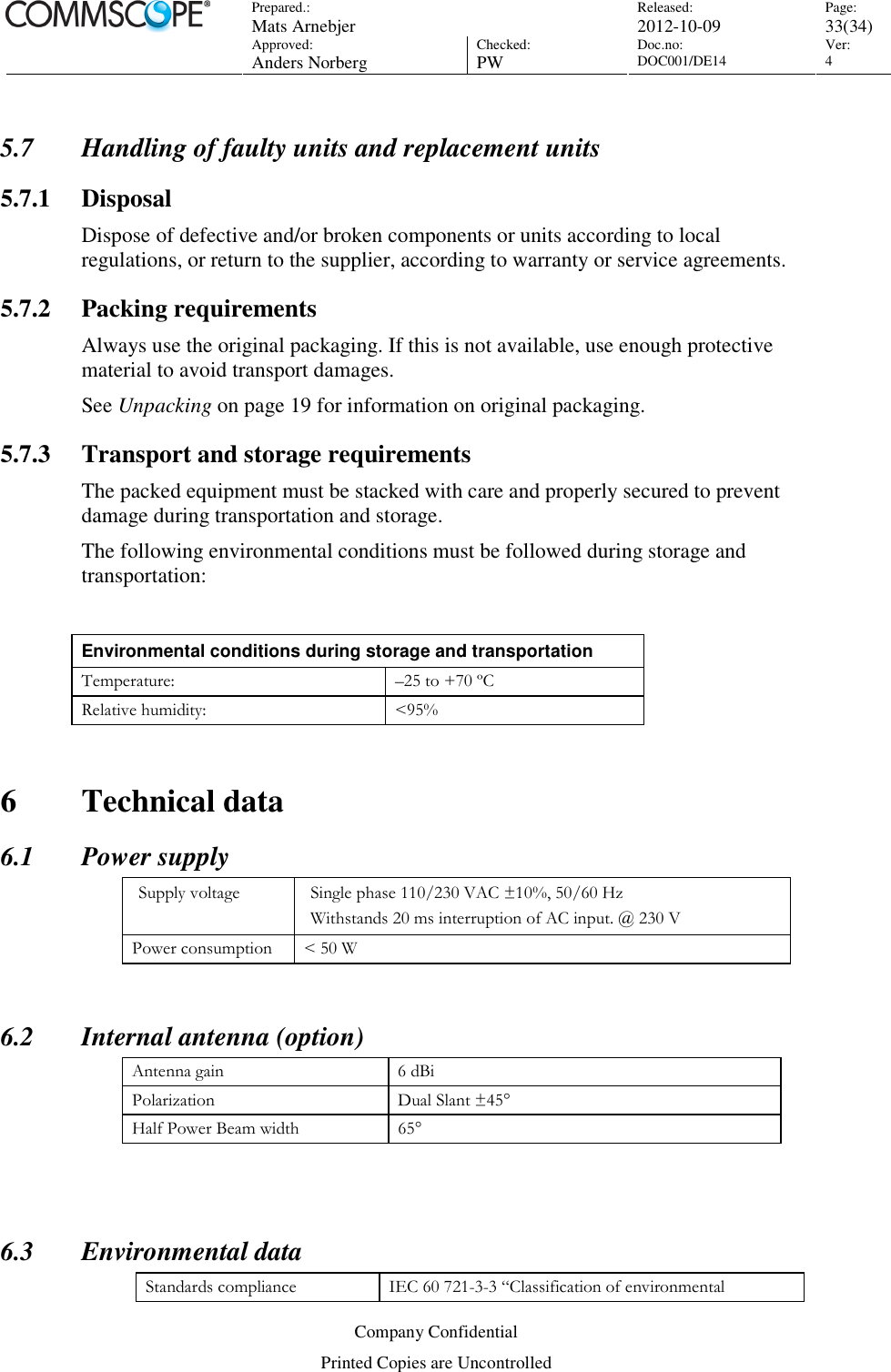 Prepared.:  Mats Arnebjer Released: 2012-10-09 Page: 33(34)  Approved:  Anders Norberg Checked:  PW Doc.no: DOC001/DE14  Ver:  4  Company Confidential Printed Copies are Uncontrolled 5.7 Handling of faulty units and replacement units 5.7.1 Disposal Dispose of defective and/or broken components or units according to local regulations, or return to the supplier, according to warranty or service agreements. 5.7.2 Packing requirements Always use the original packaging. If this is not available, use enough protective material to avoid transport damages. See Unpacking on page 19 for information on original packaging. 5.7.3 Transport and storage requirements  The packed equipment must be stacked with care and properly secured to prevent damage during transportation and storage. The following environmental conditions must be followed during storage and transportation:  Environmental conditions during storage and transportation Temperature:  –25 to +70 ºC Relative humidity:  &lt;95%  6 Technical data 6.1 Power supply Supply voltage  Single phase 110/230 VAC ±10%, 50/60 Hz Withstands 20 ms interruption of AC input. @ 230 V Power consumption  &lt; 50 W  6.2 Internal antenna (option) Antenna gain  6 dBi Polarization  Dual Slant ±45° Half Power Beam width  65°   6.3 Environmental data Standards compliance  IEC 60 721-3-3 “Classification of environmental 