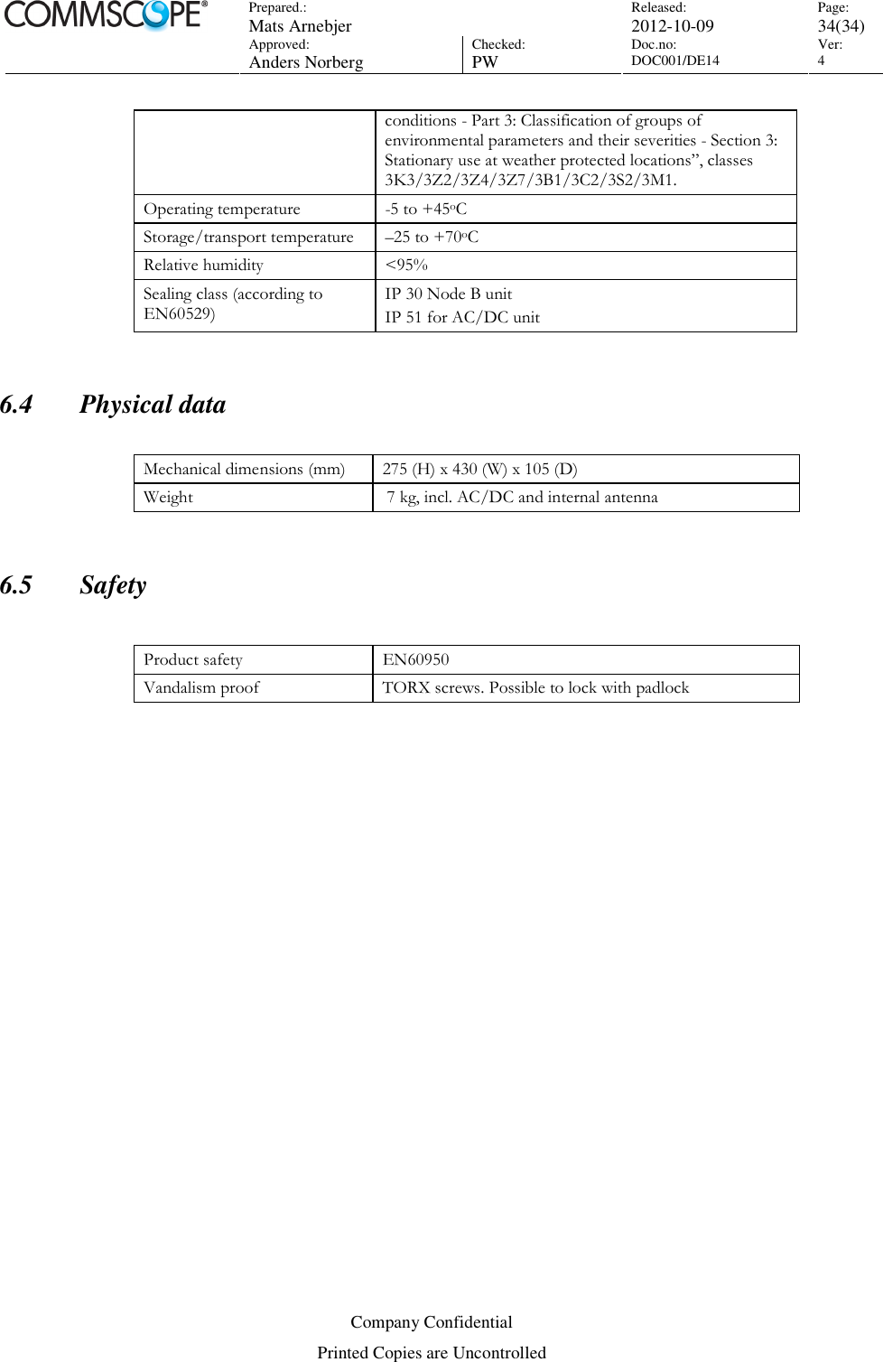 Prepared.:  Mats Arnebjer Released: 2012-10-09 Page: 34(34)  Approved:  Anders Norberg Checked:  PW Doc.no: DOC001/DE14  Ver:  4  Company Confidential Printed Copies are Uncontrolled conditions - Part 3: Classification of groups of environmental parameters and their severities - Section 3: Stationary use at weather protected locations”, classes 3K3/3Z2/3Z4/3Z7/3B1/3C2/3S2/3M1. Operating temperature  -5 to +45oC Storage/transport temperature  –25 to +70oC Relative humidity  &lt;95% Sealing class (according to EN60529) IP 30 Node B unit IP 51 for AC/DC unit  6.4 Physical data  Mechanical dimensions (mm)  275 (H) x 430 (W) x 105 (D) Weight   7 kg, incl. AC/DC and internal antenna  6.5 Safety  Product safety  EN60950 Vandalism proof  TORX screws. Possible to lock with padlock   