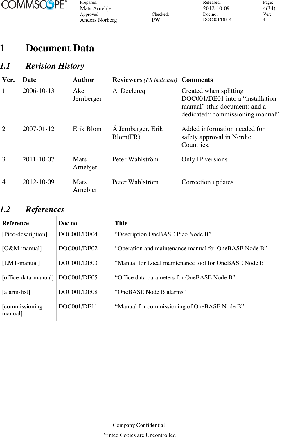 Prepared.:  Mats Arnebjer Released: 2012-10-09 Page: 4(34)  Approved:  Anders Norberg Checked:  PW Doc.no: DOC001/DE14  Ver:  4  Company Confidential Printed Copies are Uncontrolled 1 Document Data 1.1 Revision History Ver.  Date  Author  Reviewers (FR indicated) Comments 1  2006-10-13  Åke Jernberger  A. Declercq  Created when splitting DOC001/DE01 into a “installation manual” (this document) and a dedicated“ commissioning manual” 2  2007-01-12  Erik Blom  Å Jernberger, Erik Blom(FR)  Added information needed for safety approval in Nordic Countries. 3  2011-10-07  Mats Arnebjer  Peter Wahlström  Only IP versions 4  2012-10-09  Mats Arnebjer  Peter Wahlström  Correction updates 1.2 References Reference  Doc no  Title [Pico-description]  DOC001/DE04  “Description OneBASE Pico Node B” [O&amp;M-manual]  DOC001/DE02  “Operation and maintenance manual for OneBASE Node B” [LMT-manual]  DOC001/DE03  “Manual for Local maintenance tool for OneBASE Node B” [office-data-manual] DOC001/DE05  “Office data parameters for OneBASE Node B” [alarm-list]  DOC001/DE08  “OneBASE Node B alarms” [commissioning-manual]  DOC001/DE11  “Manual for commissioning of OneBASE Node B”  