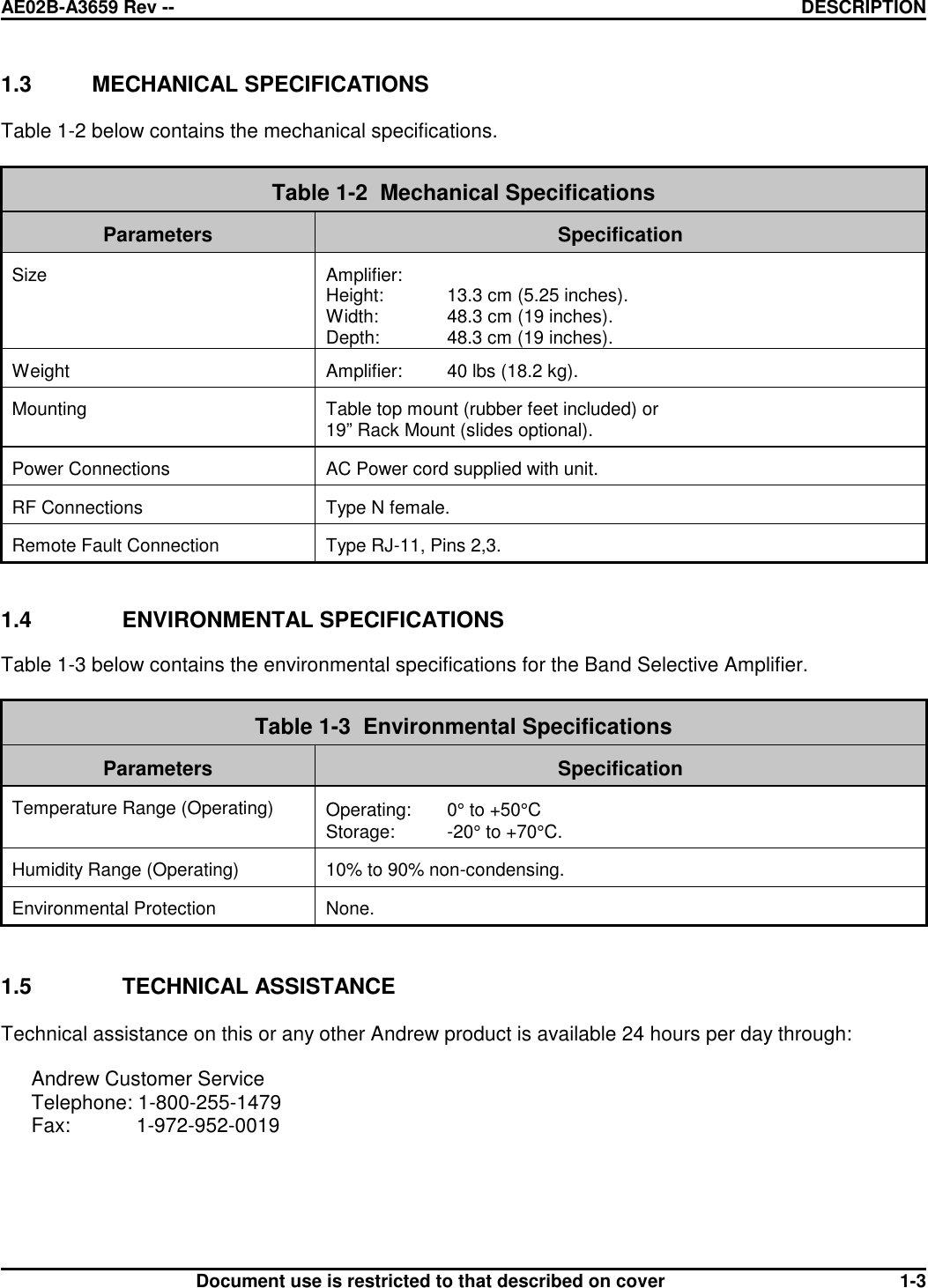 AE02B-A3659 Rev -- DESCRIPTIONDocument use is restricted to that described on cover 1-31.3 MECHANICAL SPECIFICATIONSTable 1-2 below contains the mechanical specifications.Table 1-2  Mechanical SpecificationsParameters SpecificationSize Amplifier:Height: 13.3 cm (5.25 inches).Width: 48.3 cm (19 inches).Depth: 48.3 cm (19 inches).Weight Amplifier: 40 lbs (18.2 kg).Mounting Table top mount (rubber feet included) or19” Rack Mount (slides optional).Power Connections AC Power cord supplied with unit.RF Connections Type N female.Remote Fault Connection Type RJ-11, Pins 2,3.1.4 ENVIRONMENTAL SPECIFICATIONSTable 1-3 below contains the environmental specifications for the Band Selective Amplifier.Table 1-3  Environmental SpecificationsParameters SpecificationTemperature Range (Operating) Operating: 0° to +50°CStorage: -20° to +70°C.Humidity Range (Operating) 10% to 90% non-condensing.Environmental Protection None.1.5 TECHNICAL ASSISTANCETechnical assistance on this or any other Andrew product is available 24 hours per day through:Andrew Customer ServiceTelephone: 1-800-255-1479Fax:            1-972-952-0019