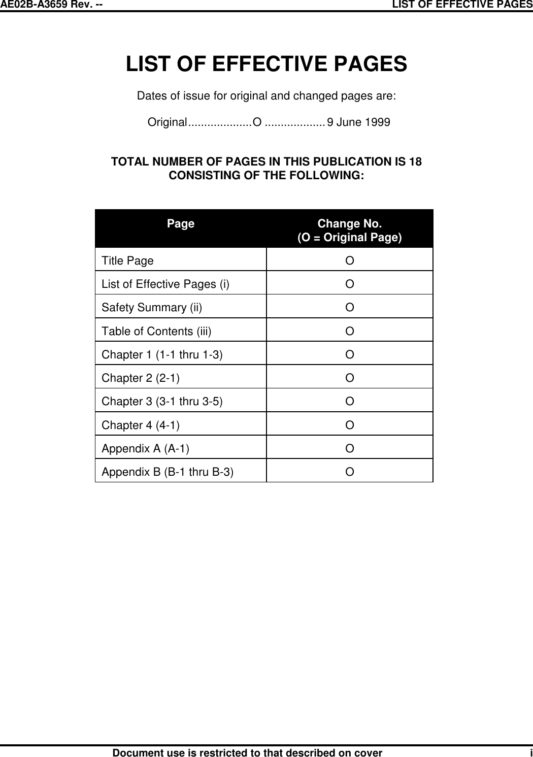 AE02B-A3659 Rev. -- LIST OF EFFECTIVE PAGESDocument use is restricted to that described on cover iLIST OF EFFECTIVE PAGESDates of issue for original and changed pages are:Original....................O ...................9 June 1999TOTAL NUMBER OF PAGES IN THIS PUBLICATION IS 18CONSISTING OF THE FOLLOWING:Page Change No.(O = Original Page)Title Page OList of Effective Pages (i) OSafety Summary (ii) OTable of Contents (iii) OChapter 1 (1-1 thru 1-3) OChapter 2 (2-1) OChapter 3 (3-1 thru 3-5) OChapter 4 (4-1) OAppendix A (A-1) OAppendix B (B-1 thru B-3) O