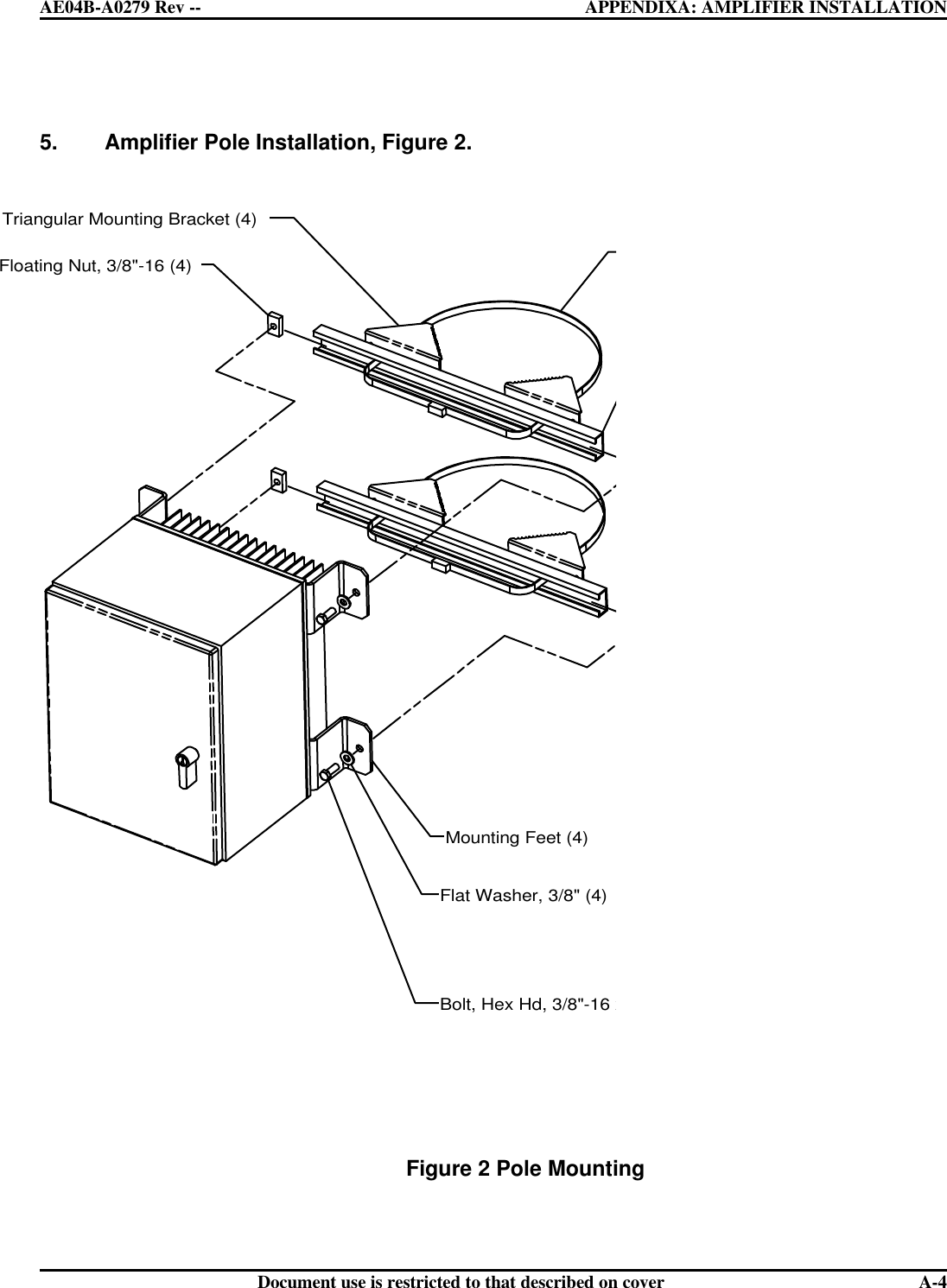  AE04B-A0279 Rev -- APPENDIXA: AMPLIFIER INSTALLATION      Document use is restricted to that described on cover  A-4  5.  Amplifier Pole Installation, Figure 2.                Figure 2 Pole Mounting  Triangular Mounting Bracket (4)Floating Nut, 3/8&quot;-16 (4)Bolt, Hex Hd, 3/8&quot;-16 x .75  (4)Flat Washer, 3/8&quot; (4)Mounting Feet (4)