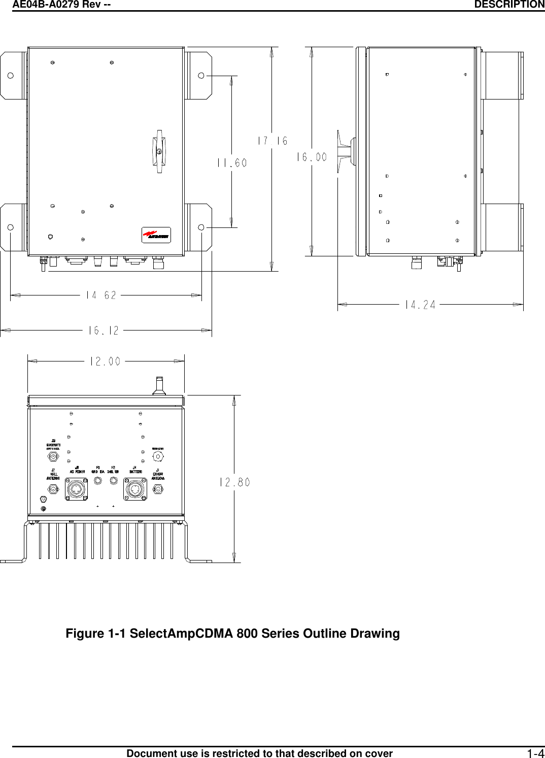 AE04B-A0279 Rev -- DESCRIPTION      Document use is restricted to that described on cover  1-4 Figure 1-1 SelectAmpCDMA 800 Series Outline Drawing   