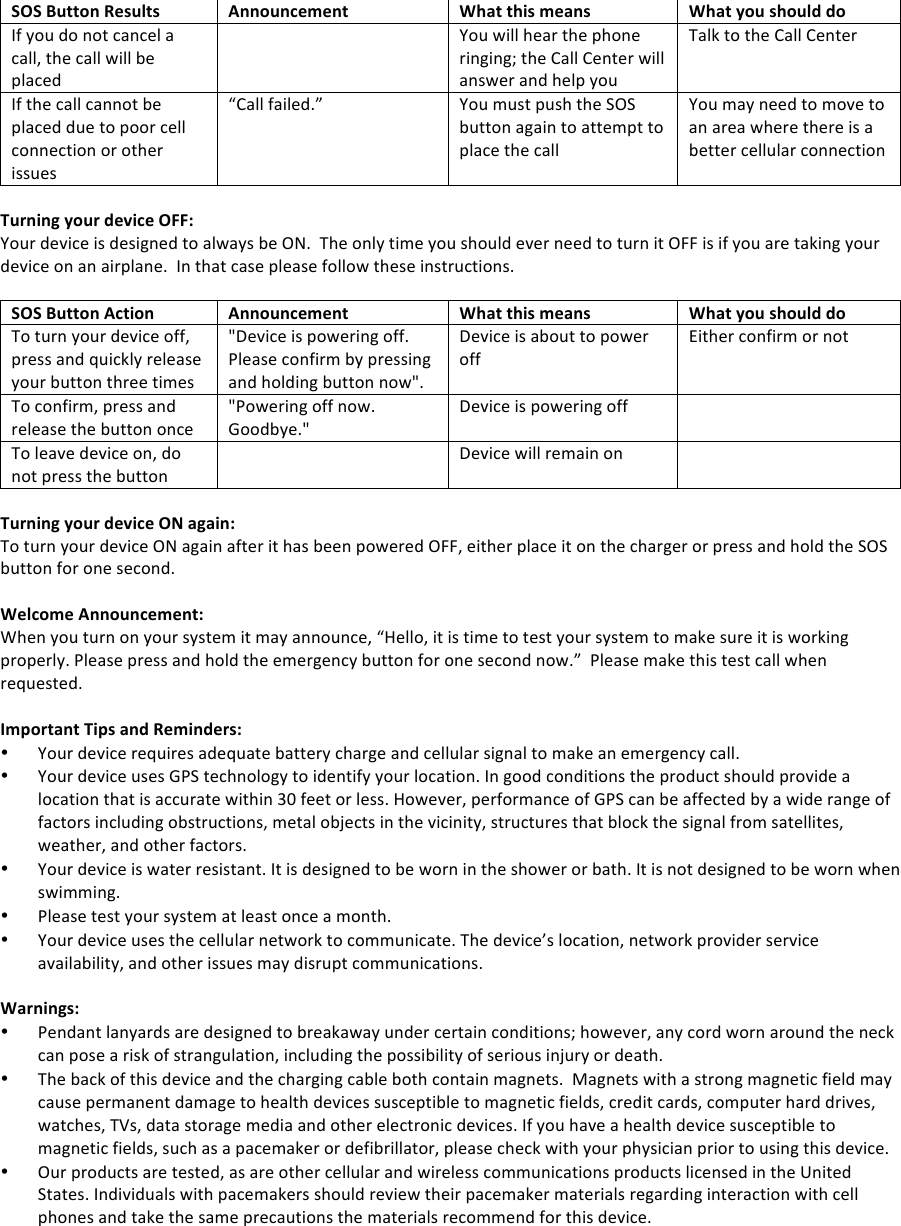 SOS)Button)Results)Announcement)What)this)means)What)you)should)do)If!you!do!not!cancel!a!call,!the!call!will!be!placed!!!You!will!hear!the!phone!ringing;!the!Call!Center!will!answer!and!help!you!Talk!to!the!Call!Center!If!the!call!cannot!be!placed!due!to!poor!cell!connection!or!other!issues!&ldquo;Call!failed.&rdquo;!You!must!push!the!SOS!button!again!to!attempt!to!place!the!call!You!may!need!to!move!to!an!area!where!there!is!a!better!cellular!connection!!Turning)your)device)OFF:)Your!device!is!designed!to!always!be!ON.!!The!only!time!you!should!ever!need!to!turn!it!OFF!is!if!you!are!taking!your!device!on!an!airplane.!!In!that!case!please!follow!these!instructions.!!SOS)Button)Action)Announcement)What)this)means)What)you)should)do)To!turn!your!device!off,!press!and!quickly!release!your!button!three!times!"Device!is!powering!off.!Please!confirm!by!pressing!and!holding!button!now".!Device!is!about!to!power!off!Either!confirm!or!not!To!confirm,!press!and!release!the!button!once!"Powering!off!now.!Goodbye."!Device!is!powering!off!!To!leave!device!on,!do!not!press!the!button!!Device!will!remain!on!!!Turning)your)device)ON)again:)To!turn!your!device!ON!again!after!it!has!been!powered!OFF,!either!place!it!on!the!charger!or!press!and!hold!the!SOS!button!for!one!second.!!!!Welcome)Announcement:)When!you!turn!on!your!system!it!may!announce,!&ldquo;Hello,!it!is!time!to!test!your!system!to!make!sure!it!is!working!properly.!Please!press!and!hold!the!emergency!button!for!one!second!now.&rdquo;!!Please!make!this!test!call!when!requested.!!Important)Tips)and)Reminders:)&bull; Your!device!requires!adequate!battery!charge!and!cellular!signal!to!make!an!emergency!call.!&bull; Your!device!uses!GPS!technology!to!identify!your!location.!In!good!conditions!the!product!should!provide!a!location!that!is!accurate!within!30!feet!or!less.!However,!performance!of!GPS!can!be!affected!by!a!wide!range!of!factors!including!obstructions,!metal!objects!in!the!vicinity,!structures!that!block!the!signal!from!satellites,!weather,!and!other!factors.!&bull; Your!device!is!water!resistant.!It!is!designed!to!be!worn!in!the!shower!or!bath.!It!is!not!designed!to!be!worn!when!swimming.!&bull; Please!test!your!system!at!least!once!a!month.!&bull; Your!device!uses!the!cellular!network!to!communicate.!The!device&rsquo;s!location,!network!provider!service!availability,!and!other!issues!may!disrupt!communications.!!Warnings:)&bull; Pendant!lanyards!are!designed!to!breakaway!under!certain!conditions;!however,!any!cord!worn!around!the!neck!can!pose!a!risk!of!strangulation,!including!the!possibility!of!serious!injury!or!death.!&bull; The!back!of!this!device!and!the!charging!cable!both!contain!magnets.!!Magnets!with!a!strong!magnetic!field!may!cause!permanent!damage!to!health!devices!susceptible!to!magnetic!fields,!credit!cards,!computer!hard!drives,!watches,!TVs,!data!storage!media!and!other!electronic!devices.!If!you!have!a!health!device!susceptible!to!magnetic!fields,!such!as!a!pacemaker!or!defibrillator,!please!check!with!your!physician!prior!to!using!this!device.!&bull; Our!products!are!tested,!as!are!other!cellular!and!wireless!communications!products!licensed!in!the!United!States.!Individuals!with!pacemakers!should!review!their!pacemaker!materials!regarding!interaction!with!cell!phones!and!take!the!same!precautions!the!materials!recommend!for!this!device.!!!!!