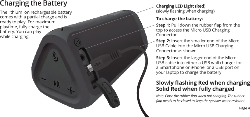 Charging the BatteryStep 2: Insert the smaller end of the Micro USB Cable into the Micro USB Charging Connector as shownStep 3: Insert the larger end of the Micro USB cable into either a USB wall charger for a Smartphone or iPhone, or a USB port on your laptop to charge the batteryStep 1: Pull down the rubber ﬂap from the top to access the Micro USB Charging ConnectorTo charge the battery:The lithium ion rechargeable battery comes with a partial charge and is ready to play. For maximum playtime, fully charge the battery. You can play while charging.Charging LED Light (Red)(slowly ﬂashing when charging)Slowly ﬂashing Red when charging Solid Red when fully charged Page 4Note: Close the rubber ﬂap when not charging. The rubber ﬂap needs to be closed to keep the speaker water resistant