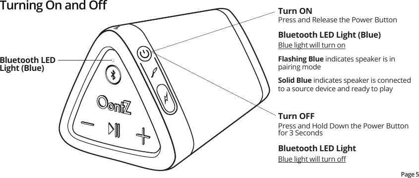 Turning On and OﬀBluetooth LED Light (Blue) Bluetooth LED Light (Blue) Blue light will turn onFlashing Blue indicates speaker is in pairing modeSolid Blue indicates speaker is connected to a source device and ready to playBluetooth LED Light Blue light will turn oﬀPress and Release the Power ButtonPress and Hold Down the Power Button for 3 SecondsTurn ONTurn OFFPage 5