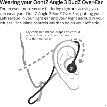11Lay cable behind ear, drape Left earbud upside down, and insert Left earbud into right ear canalFor an even more secure ﬁt during rigorous activity you can wear your OontZ Angle 3 BudZ Over-Ear, putting your Left earbud in your right ear and your Right earbud in your left ear.  The inline controls will then be on your left side.Wearing your OontZ Angle 3 BudZ Over-Ear