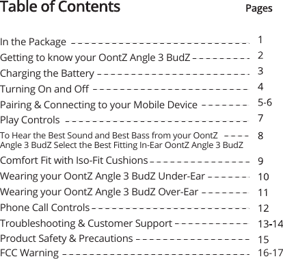 Product Safety &amp; PrecautionsIn the PackageGetting to know your OontZ Angle 3 BudZCharging the BatteryTurning On and OﬀPairing &amp; Connecting to your Mobile Device Play ControlsComfort Fit with Iso-Fit CushionsWearing your OontZ Angle 3 BudZ Under-EarWearing your OontZ Angle 3 BudZ Over-Ear Phone Call ControlsTroubleshooting &amp; Customer SupportTo Hear the Best Sound and Best Bass from your OontZ Angle 3 BudZ Select the Best Fitting In-Ear OontZ Angle 3 BudZ FCC Warning 16-17