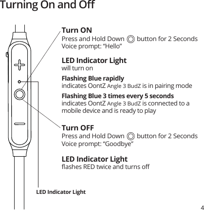 4 LED Indicator Light will turn onFlashing Blue rapidly indicates OontZ Angle 3 BudZ is in pairing mode Flashing Blue 3 times every 5 seconds indicates OontZ Angle 3 BudZ is connected to a mobile device and is ready to playVoice prompt: “Hello”Turning On and OﬀPress and Hold Down        button for 2 SecondsTurn ONLED Indicator Light ﬂashes RED twice and turns oﬀLED Indicator Light Voice prompt: “Goodbye”Press and Hold Down        button for 2 SecondsTurn OFF
