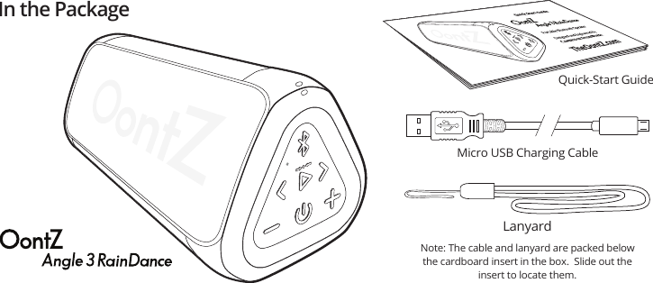 In the PackageMicro USB Charging CableQuick-Start GuideLanyardNote: The cable and lanyard are packed below the cardboard insert in the box.  Slide out the insert to locate them.