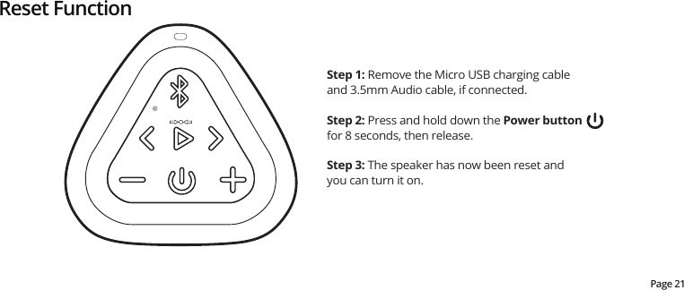 Step 1: Remove the Micro USB charging cable and 3.5mm Audio cable, if connected.Step 2: Press and hold down the Power button for 8 seconds, then release.  Step 3: The speaker has now been reset and you can turn it on.Reset Function Page 21