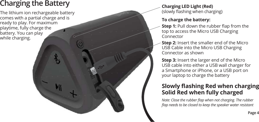 Charging the BatteryStep 2: Insert the smaller end of the Micro USB Cable into the Micro USB Charging Connector as shownStep 3: Insert the larger end of the Micro USB cable into either a USB wall charger for a Smartphone or iPhone, or a USB port on your laptop to charge the batteryStep 1: 3XOOGRZQWKHUXEEHUȵDSIURPWKHtop to access the Micro USB Charging ConnectorTo charge the battery:The lithium ion rechargeable battery comes with a partial charge and is ready to play. For maximum playtime, fully charge the battery. You can play while charging.Charging LED Light (Red)VORZO\ȵDVKLQJZKHQFKDUJLQJ6ORZO\ȵDVKLQJ5HGZKHQFKDUJLQJSolid Red when fully charged Page 41RWH&amp;ORVHWKHUXEEHUȵDSZKHQQRWFKDUJLQJ7KHUXEEHUȵDSQHHGVWREHFORVHGWRNHHSWKHVSHDNHUZDWHUUHVLVWDQW