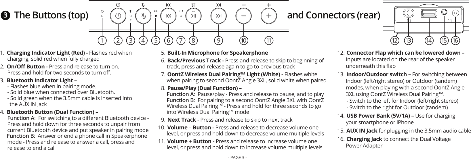 12 13 14 16151 4 5 632 7 8 9 1110The Buttons (top) and Connectors (rear)3Thank you very much for being an OontZ Angle 3XL owner! Listen to your music, videos and games on your OontZ Angle 3XL, playing wirelessly over Bluetooth from your smartphone, iPhoneTM, tablet, iPadTM, Bluetooth iPodTM.  Please take a few minutes to read through this guide and try out the features on your OontZ Angle 3XL.  Your OontZ Angle 3XL can also connect to a second OontZ Angle 3XL with our OontZ Dual Wireless PairingTM feature.  If you purchase a second OontZ Angle 3XL you can connect to your ﬁrst OontZ Angle 3XL wirelessly and play two OontZ Angle 3XL speakers in tandem for awesome sound, or use the two speakers as left and right for amazing stereo separation.  Please visit our website: TheOontZ.com for the latest in Getting Started Help, complete troubleshooting tips, manual updates, and to email our customer support team.   Please visit our Corporate Sales page for more information about the OontZ Angle 3XL as the perfect corporate gifts, holiday and special occasion gifts, or event gifts.  You can also learn about our Ultra-Portable OontZ Angle 3, perfect for travel and gift giving.  Overview of the OontZ Angle 3XL In the Package The Buttons and ConnectorsCharging your OontZ Angle 3XLPairing and Connecting the OontZ Angle 3XL to your Bluetooth device: smartphone, iPhoneTM, tablet, iPadTM, Bluetooth iPodTMPlaying from your Bluetooth device: smartphone, iPhoneTM, tablet, iPadTM, Bluetooth iPodTMPlaying from your Laptop, Computer and non-Bluetooth devices using AUX IN and the 3.5mm audio cableWireless Hands-Free Personal Speakerphone OontZ Wireless Dual PairingTM  for playing from a second OontZ Angle 3XLProduct Safety and Precautions 1. Charging Indicator Light (Red) - Flashes red when charging, solid red when fully charged 2. On/Oﬀ Button - Press and release to turn on. Press and hold for two seconds to turn oﬀ.  3. Bluetooth Indicator Light –- Flashes blue when in pairing mode. - Solid blue when connected over Bluetooth. - Solid green when the 3.5mm cable is inserted into   the AUX IN Jack   4. Bluetooth Button (Dual Function) – Function A:  For switching to a diﬀerent Bluetooth device - Press and hold down for three seconds to unpair from current Bluetooth device and put speaker in pairing mode   Function B:  Answer or end a phone call in Speakerphone mode - Press and release to answer a call, press and release to end a call 5. Built-In Microphone for Speakerphone  6. Back/Previous Track - Press and release to skip to beginning of track, press and release again to go to previous track 7. OontZ Wireless Dual PairingTM Light (White) - Flashes white when pairing to second OontZ Angle 3XL, solid white when paired 8. Pause/Play (Dual Function) – Function A:  Pause/play - Press and release to pause, and to playFunction B:  For pairing to a second OontZ Angle 3XL with OontZ Wireless Dual PairingTM - Press and hold for three seconds to go into Wireless Dual PairingTM mode 9. Next Track - Press and release to skip to next track 10. Volume – Button - Press and release to decrease volume one level, or press and hold down to decrease volume multiple levels  11. Volume + Button - Press and release to increase volume one level, or press and hold down to increase volume multiple levels  12. Connector Flap which can be lowered down – Inputs are located on the rear of the speaker underneath this ﬂap 13. Indoor/Outdoor switch – For switching between Indoor (left/right stereo) or Outdoor (tandem) modes, when playing with a second OontZ Angle 3XL using OontZ Wireless Dual PairingTM.             - Switch to the left for Indoor (left/right stereo) - Switch to the right for Outdoor (tandem)  14. USB Power Bank (5V/1A) – Use for chargingyour smartphone or iPhone 15. AUX IN Jack for plugging in the 3.5mm audio cable 16. Charging Jack to connect the Dual Voltage Power Adapter - PAGE 3 -
