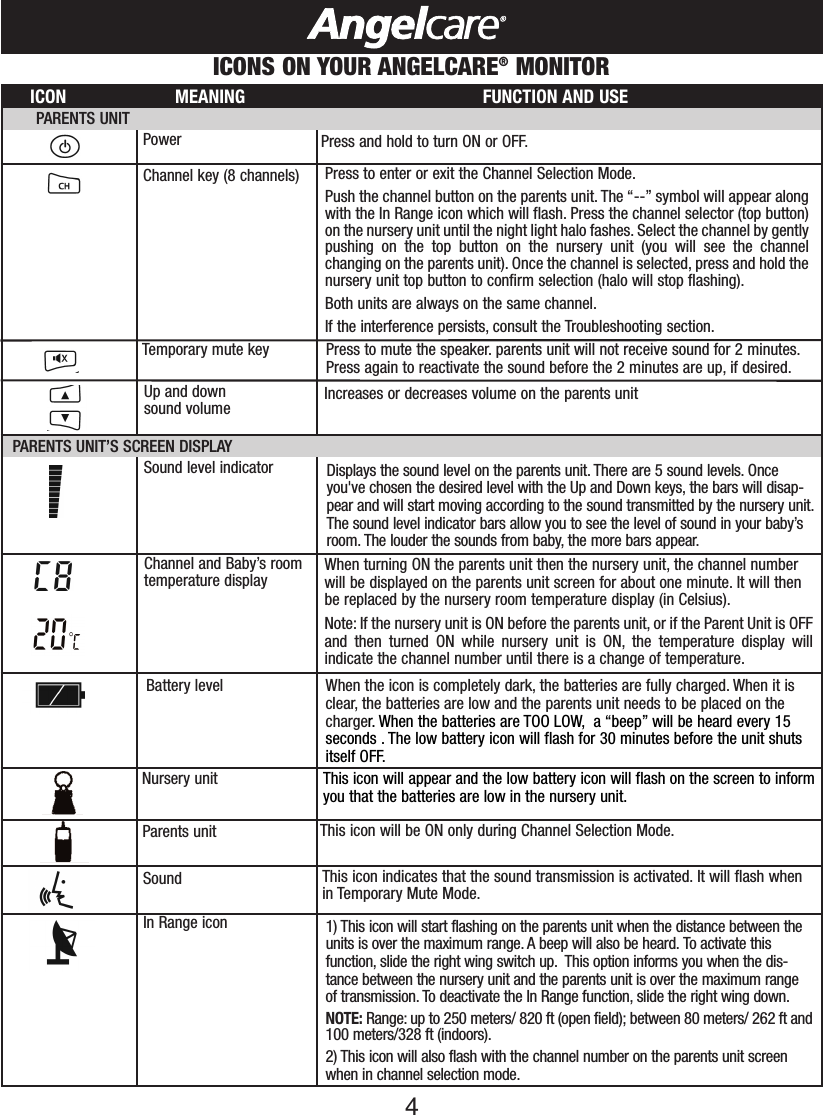 4ICONS ON YOUR ANGELCARE®MONITORICON                      MEANING                                                FUNCTION AND USEPARENTS UNITPower Press and hold to turn ON or OFF.Channel key (8 channels) Press to enter or exit the Channel Selection Mode.Push the channel button on the parents unit. The “--” symbol will appear alongwith the In Range icon which will flash. Press the channel selector (top button)on the nursery unit until the night light halo fashes. Select the channel by gentlypushing on the top button on the nursery unit (you will see the channelchanging on the parents unit). Once the channel is selected, press and hold thenursery unit top button to confirm selection (halo will stop flashing).Both units are always on the same channel.If the interference persists, consult the Troubleshooting section.Temporary mute key Press to mute the speaker. parents unit will not receive sound for 2 minutes.Press again to reactivate the sound before the 2 minutes are up, if desired.Up and downsound volume Increases or decreases volume on the parents unitPARENTS UNIT’S SCREEN DISPLAYNurseryunit  This icon will appear and the lowbattery icon will flash on the screen to informyou thatthe batteries are lowin the nurseryunit.Parents unit This icon will be ON only during Channel Selection Mode.Sound This icon indicates thatthe sound transmission is activated. It will flash whenin TemporaryMute Mode.Battery level When the icon is completely dark, the batteries are fully charged. When it isclear, the batteries are lowand the parents unit needs to be placed on thecharger. When the batteries are TOO LOW, a “beep” will be heard every 15seconds . The low battery icon will flash for 30 minutes before the unit shutsitself OFF.Sound level indicator Displays the sound level on the parents unit. There are 5 sound levels. Onceyou&apos;ve chosen the desired level with the Up and Down keys, the bars will disap-pear and will start moving according to the sound transmitted by the nursery unit.The sound level indicator bars allow you to see the level of sound in your baby’sroom. The louder the sounds from baby, the more bars appear.Channel and Baby’s roomtemperature display When turning ON the parents unit then the nursery unit, the channel numberwill be displayed on the parents unit screen for about one minute. It will thenbe replaced by the nurseryroom temperature display (in Celsius).Note: If the nurseryunit is ON before the parents unit, or if the Parent Unit is OFFand then turned ON while nurseryunit is ON, the temperature display willindicate the channel number until there is a change of temperature.In Range icon 1) This icon will start flashing on the parents unit when the distance between theunits is over the maximum range. A beep will also be heard. To activate thisfunction, slide the right wing switch up. This option informs you when the dis-tance between the nurseryunit and the parents unit is over the maximum rangeof transmission. To deactivate the In Range function, slide the right wing down.NOTE: Range: up to 250 meters/ 820 ft (open field); between 80 meters/ 262 ft and100 meters/328 ft (indoors).2) This icon will also flash with the channel number on the parents unit screenwhen in channel selection mode.