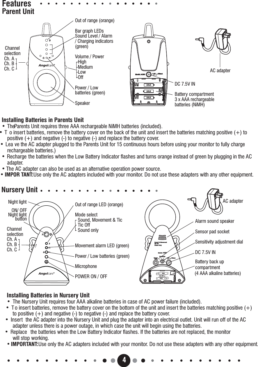 AC adapter4FeaturesParent UnitNursery UnitAC adapterInstalling Batteries in Nursery Unit•The Nursery Unit requires four AAA alkaline batteries in case of AC power failure (included).T•o insert batteries, remove the battery cover on the bottom of the unit and insert the batteries matching positive (+)to positive (+) and negative (-) to negative (-) and replace the battery cover.Insert•the AC adapter into the Nursery Unit and plug the adapter into an electrical outlet. Unit will run off of the ACadapter unless there is a power outage, in which case the unit will begin using the batteries.Replace•the batteries when the Low Battery Indicator flashes. If the batteries are not replaced, the monitorwill stop working.•IMPORTANT:Use only the AC adapters included with your monitor. Do not use these adapters with any other equipment.ChannelselectionCh.A-Ch.B-Ch.C-Out of range (orange)Bar graph LEDsSound Level / Alarm/ Charging indicators(green)Volume / Power-High-Medium-Low-OffPower / Lowbatteries (green)SpeakerDC 7.5V INBattery compartment3 x AAA rechargeablebatteries (NiMH)ChannelselectionCh.A-Ch.B-Ch.C-Out of range LED (orange)Mode select- Sound, Movement &amp; Tic- Tic Off- Sound onlyMovement alarm LED (green)Power / Low batteries (green)MicrophonePOWER ON / OFFAlarm sound speakerSensor pad socketSensitivity adjustment dialDC 7.5V INBattery back upcompartment(4 AAA alkaline batteries)Installing Batteries in Parents Unit••TheParents Unit requires three AAA rechargeable NiMH batteries (included).To insert batteries, remove the battery cover on the back of the unit and insert the batteries matching positive (+) topositive (+) and negative (-) to negative (-) and replace the battery cover.Lea•ve the AC adapter plugged to the Parents Unit for 15 continuous hours before using your monitor to fully chargerechargeable batteries.)Recharge•the batteries when the Low Battery Indicator flashes and turns orange instead of green by plugging in the ACadapter.The•AC adapter can also be used as an alternative operation power source.•IMPOR TANT:Use only the AC adapters included with your monitor. Do not use these adapters with any other equipment.Night lightON/ OFFNight lightbuttonAC601Model: 7.5V 150mASensorpadSensorpadAAAAAA4x1.5V7.5V 150mAAC601AC601Model:ivitySensSensit&amp;Sound MovementTic OffTic OffSound Only