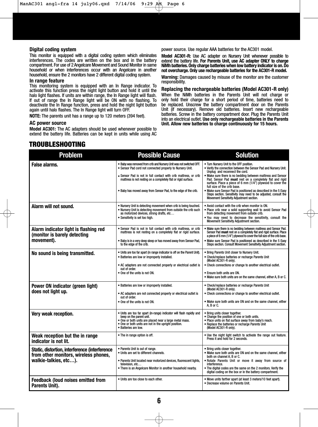 6Digital coding systemThis monitor is equipped with a digital coding system which eliminatesinterferences. The codes are written on the box and in the batterycompartment. For use of 2 Angelcare Movement and Sound Monitor in samehousehold or when interferences occur with an Angelcare in anotherhousehold, ensure the 2 monitors have 2 different digital coding system.In range featureThis monitoring system is equipped with an In Range indicator. Toactivate this function press the night light button and hold it until thehalo light flashes. If units are within range, the In Range light will flash.If out of range the In Range light will be ON with no flashing. Todeactivate the In Range function, press and hold the night light buttonagain until halo flashes. The In Range light will turn OFF.NOTE: The parents unit has a range up to 120 meters (394 feet).AC power sourceModel AC301: The AC adapters should be used whenever possible toextend the battery life. Batteries can be kept in units while using ACpower source. Use regular AAA batteries for the AC301 model.Model AC301-R: Use AC adapter on Nursery Unit whenever possible toextend the battery life. For Parents Unit, use AC adapter ONLY to chargeNiMh batteries. Only charge batteries when low battery indicator is on.Donot overcharge. Only use rechargeable batteries for the AC301-R model.Warning: Damages caused by misuse of the monitor are the customerresponsibility.Replacing the rechargeable batteries (Model AC301-R only)When the NiMh batteries in the Parents Unit will not charge or only hold their charge for a short period of time, batteries need to be replaced. Unscrew the battery compartment door on the Parents Unit (if necessary). Remove old batteries. Insert new rechargeablebatteries. Screw in the battery compartment door. Plug the Parents Unitinto an electrical outlet. Use only rechargeable batteries in the ParentsUnit. Allow new batteries to charge continuously for 15 hours.Problem Possible Cause SolutionFalse alarms. &bull; Baby was removed from crib and Nursery Unit was not switched OFF.&bull; Sensor Pad cord not connected properly to Nursery Unit.&bull;Sensor Pad is not in full contact with crib mattress, or cribmattress is not resting on a completely flat or rigid surface.&bull; Baby has moved away from Sensor Pad, to the edge of the crib.&bull; Turn Nursery Unit to the OFF position.&bull; Verify the connection between the Sensor Pad and Nursery Unit.Unplug  and reconnect the cord.&bull;Make sure there is no bedding between mattress and SensorPad. Sensor Pad mustrest on a completely flat and rigidsurface. Place a piece of 6 mm (1/4&rdquo;) plywood to cover thefull size of the crib base.&bull; Make sure Sensor Pad is positioned as described in the 5 EasySteps section. Sensitivity may need to be adjusted, consult theMovement Sensitivity Adjustment section.Alarm indicator light is flashing red(monitor is barely detectingmovement).&bull;Sensor Pad is not in full contact with crib mattress, or cribmattress is not resting on a completely flat or rigid surface.&bull; Baby is in a very deep sleep or has moved away from Sensor Pad,to the edge of the crib.&bull;Make sure there is no bedding between mattress and Sensor Pad.Sensor Pad mustrest on a completely flat and rigid surface. Placeapiece of 6 mm (1/4&rdquo;) plywood to cover the full size of the crib base.&bull; Make sure Sensor Pad is positioned as described in the 5 EasySteps section. Consult Movement Sensitivity Adjustment section.No sound is being transmitted. &bull; Units are too far apart (in range indicator is off on the Parent Unit).&bull;Batteries are lowor improperly installed.&bull;AC adapters are not connected properly or electrical outlet isout of order.&bull; One of the units is not ON.&bull; Bring Parents Unit closer to Nursery Unit.&bull; Check/replace batteries or recharge Parents Unit (Model AC301-R only).&bull; Check connections or change to another electrical outlet.&bull;Ensure both units are ON.&bull; Make sure both units are on the same channel, either A, B or C.Power ON indicator (green light) does not light up.&bull;Batteries are low or improperly installed.&bull; AC adapters are not connected properly or electrical outlet isout of order.&bull; One of the units is not ON.&bull;Check/replace batteries or recharge Parents Unit (Model AC301-R only).&bull;Check connections or change to another electrical outlet.&bull;Make sure both units are ON and on the same channel, eitherA, Bor C.Static, distortion, interference (interferencefrom other monitors, wireless phones,walkie-talkies, etc&hellip;).&bull; Parents Unit is out of range.&bull;Units are set to different channels.&bull; Parents Unit located near motorized devices, fluorescent lights,television, etc&hellip;&bull;There is an Angelcare Monitor in another household nearby.&bull;Bring units closer together.&bull;Make sure both units are ON and on the same channel, eitherboth on channel A, B or C.&bull; Rotate Parents Unit or move it away from source ofinterference.&bull;The digital codes are the same on the 2 monitors. Verify thedigital coding on the box or in the batterycompartment.Feedback (loud noises emitted fromParents Unit).&bull; Units are too close to each other. &bull; Move units farther apart (at least 3 meters/10 feet apart).&bull;Decrease volume on Parents Unit.Weak reception but the in range indicator is not lit.&bull;The in range option is off. &bull;Use the night light switch to activate the range out feature.Press it and hold for 2 seconds.Very weak reception. &bull;Units are too far apart (in-range) indicator will flash rapidly andbeep on the parent unit.&bull; One or both units are placed near a large metal mass.&bull; One or both units are not in the upright position.&bull;Batteries are low.&bull;Bring units closer together.&bull;Change the position of one or both units.&bull; Place units on flat surface away from baby&rsquo;s reach.&bull;Replace the batteries or recharge Parents Unit (Model AC301-R only).Alarm will not sound. &bull;NurseryUnit is detecting movement when crib is being touched.&bull; Nursery Unit is detecting movement from outside the crib suchas motorized devices, strong drafts, etc&hellip;&bull;Sensitivity is set too high.&bull; Avoid contact with the crib when monitor is ON.&bull; Place crib near a solid supporting wall to avoid Sensor Padfrom detecting movement from outside crib.&bull; You may need to decrease the sensitivity,consult theMovement Sensitivity Adjustment section.TROUBLESHOOTINGManAC301 angl-fra 14 july06.qxd  7/14/06  9:29 AM  Page 6