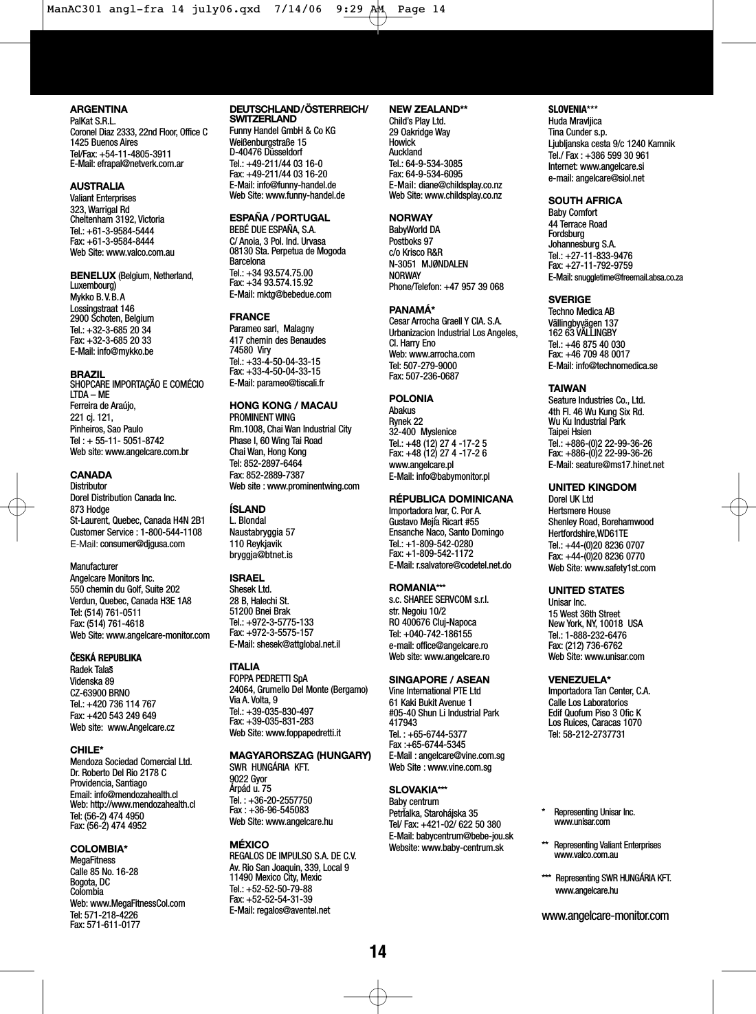 ˇ14* Representing Unisar Inc.www.unisar.com** Representing Valiant Enterpriseswww.valco.com.au***  Representing SWR HUNG&Aacute;RIA KFT.www.angelcare.huwww.angelcare-monitor.comARGENTINAPalKat S.R.L.Coronel Diaz 2333, 22nd Floor, Office C1425 Buenos AiresTel/Fax: +54-11-4805-3911E-Mail: efrapal@netverk.com.arAUSTRALIAValiant Enterprises323, Warrigal RdCheltenham 3192, VictoriaTel.: +61-3-9584-5444Fax: +61-3-9584-8444Web Site: www.valco.com.auBENELUX (Belgium, Netherland,Luxembourg)Mykko B.V.B.ALossingstraat 1462900 Schoten, BelgiumTel.: +32-3-685 20 34Fax: +32-3-685 20 33E-Mail: info@mykko.beBRAZILSHOPCARE IMPORTA&Ccedil;&Atilde;O E COM&Eacute;CIOLTDA &ndash; MEFerreira de Ara&uacute;jo,221 cj. 121,Pinheiros, Sao PauloTel : + 55-11- 5051-8742Web site: www.angelcare.com.brCANADADistributorDorel Distribution Canada Inc.873 HodgeSt-Laurent, Quebec, Canada H4N 2B1Customer Service : 1-800-544-1108E-Mail: consumer@djgusa.comManufacturerAngelcare Monitors Inc.550 chemin du Golf, Suite 202Verdun, Quebec, Canada H3E 1A8Tel: (514) 761-0511Fax: (514) 761-4618Web Site: www.angelcare-monitor.comCESK&Aacute; REPUBLIKARadek TalasVidenska 89CZ-63900 BRNOTel.: +420 736 114 767Fax: +420 543 249 649Web site: www.Angelcare.cz CHILE*Mendoza Sociedad Comercial Ltd.Dr. Roberto Del Rio 2178 C Providencia, Santiago Email: info@mendozahealth.cl Web: http://www.mendozahealth.cl Tel: (56-2) 474 4950 Fax: (56-2) 474 4952       COLOMBIA*MegaFitness Calle 85 No. 16-28 Bogota, DC Colombia Web: www.MegaFitnessCol.com Tel: 571-218-4226 Fax: 571-611-0177DEUTSCHLAND/&Ouml;STERREICH/SWITZERLANDFunny Handel GmbH &amp; Co KGWei&szlig;enburgstra&szlig;e 15D-40476 D&uuml;sseldorfTel.: +49-211/44 03 16-0Fax: +49-211/44 03 16-20E-Mail: info@funny-handel.deWeb Site: www.funny-handel.deESPA&Ntilde;A /PORTUGALBEB&Eacute; DUE ESPA&Ntilde;A, S.A.C/ Anoia, 3 Pol. Ind. Urvasa08130 Sta. Perpetua de MogodaBarcelonaTel.: +34 93.574.75.00Fax: +34 93.574.15.92E-Mail: mktg@bebedue.comFRANCEParameo sarl, Malagny417 chemin des Benaudes74580  ViryTel.: +33-4-50-04-33-15Fax: +33-4-50-04-33-15E-Mail: parameo@tiscali.frHONG KONG / MACAUPROMINENT WINGRm.1008, Chai Wan Industrial CityPhase I, 60 Wing Tai RoadChai Wan, Hong KongTel: 852-2897-6464Fax: 852-2889-7387Web site : www.prominentwing.com&Iacute;SLANDL. BlondalNaustabryggia 57110 Reykjavikbryggja@btnet.isISRAELShesek Ltd.28 B, Halechi St.51200 Bnei BrakTel.: +972-3-5775-133Fax: +972-3-5575-157E-Mail: shesek@attglobal.net.ilITALIAFOPPA PEDRETTI SpA24064, Grumello Del Monte (Bergamo)Via A. Volta, 9Tel.: +39-035-830-497Fax: +39-035-831-283Web Site: www.foppapedretti.itMAGYARORSZAG (HUNGARY) SWR  HUNG&Aacute;RIA  KFT.9022 Gyor&Aacute;rp&aacute;d u. 75Tel. : +36-20-2557750Fax : +36-96-545083Web Site: www.angelcare.huM&Eacute;XICOREGALOS DE IMPULSO S.A. DE C.V.Av. Rio San Joaquin, 339, Local 911490 Mexico City,MexicTel.: +52-52-50-79-88Fax: +52-52-54-31-39E-Mail: regalos@aventel.netNEW ZEALAND**Child&rsquo;s Play Ltd.29 Oakridge WayHowickAucklandTel.: 64-9-534-3085Fax: 64-9-534-6095E-Mail: diane@childsplay.co.nzWeb Site: www.childsplay.co.nzNORWAYBabyWorld DAPostboks 97c/o Krisco R&amp;RN-3051  MJ&Oslash;NDALENNORWAYPhone/Telefon: +47 957 39 068PANAM&Aacute;*Cesar Arrocha Graell Y CIA. S.A.Urbanizacion Industrial Los Angeles,CI. Harry Eno Web: www.arrocha.com  Tel: 507-279-9000 Fax: 507-236-0687 POLONIAAbakusRynek 2232-400  MysleniceTel.: +48 (12) 27 4 -17-2 5Fax: +48 (12) 27 4 -17-2 6www.angelcare.plE-Mail: info@babymonitor.plR&Eacute;PUBLICA DOMINICANAImportadora Ivar, C. Por A.Gustavo Mej&iacute;a Ricart #55Ensanche Naco, Santo DomingoTel.: +1-809-542-0280Fax: +1-809-542-1172E-Mail: r.salvatore@codetel.net.doROMANIA***s.c. SHAREE SERVCOM s.r.l.str. Negoiu 10/2RO 400676 Cluj-Napoca Tel: +040-742-186155e-mail: office@angelcare.ro  Web site: www.angelcare.roSINGAPORE / ASEANVine International PTE Ltd 61 Kaki Bukit Avenue 1 #05-40 Shun Li Industrial Park 417943 Tel. : +65-6744-5377 Fax :+65-6744-5345 E-Mail : angelcare@vine.com.sg Web Site : www.vine.com.sgSLOVAKIA***Baby centrumPetr&Iuml;alka, Staroh&aacute;jska 35Tel/ Fax: +421-02/ 622 50 380E-Mail: babycentrum@bebe-jou.skWebsite: www.baby-centrum.skSLOVENIA***Huda MravljicaTina Cunder s.p.Ljubljanska cesta 9/c 1240 KamnikTel./ Fax : +386 599 30 961Internet: www.angelcare.sie-mail: angelcare@siol.netSOUTH AFRICABaby Comfort44 Terrace RoadFordsburgJohannesburg S.A.Tel.: +27-11-833-9476 Fax: +27-11-792-9759E-Mail: snuggletime@freemail.absa.co.zaSVERIGETechno Medica ABV&auml;llingbyv&auml;gen 137162 63 V&Auml;LLINGBYTel.: +46 875 40 030Fax: +46 709 48 0017E-Mail: info@technomedica.seTAIWANSeature Industries Co., Ltd.4th Fl. 46 Wu Kung Six Rd.Wu Ku Industrial ParkTaipei HsienTel.: +886-(0)2 22-99-36-26Fax: +886-(0)2 22-99-36-26E-Mail: seature@ms17.hinet.netUNITED KINGDOMDorel UK LtdHertsmere HouseShenley Road, BorehamwoodHertfordshire,WD61TETel.: +44-(0)20 8236 0707Fax: +44-(0)20 8236 0770Web Site: www.safety1st.comUNITED STATESUnisar Inc.15 West 36th StreetNew York, NY, 10018  USATel.: 1-888-232-6476Fax: (212) 736-6762Web Site: www.unisar.comVENEZUELA*Importadora Tan Center, C.A.Calle Los Laboratorios Edif Quofum Piso 3 Ofic K Los Ruices, Caracas 1070 Tel: 58-212-2737731 ˇˇˇManAC301 angl-fra 14 july06.qxd  7/14/06  9:29 AM  Page 14