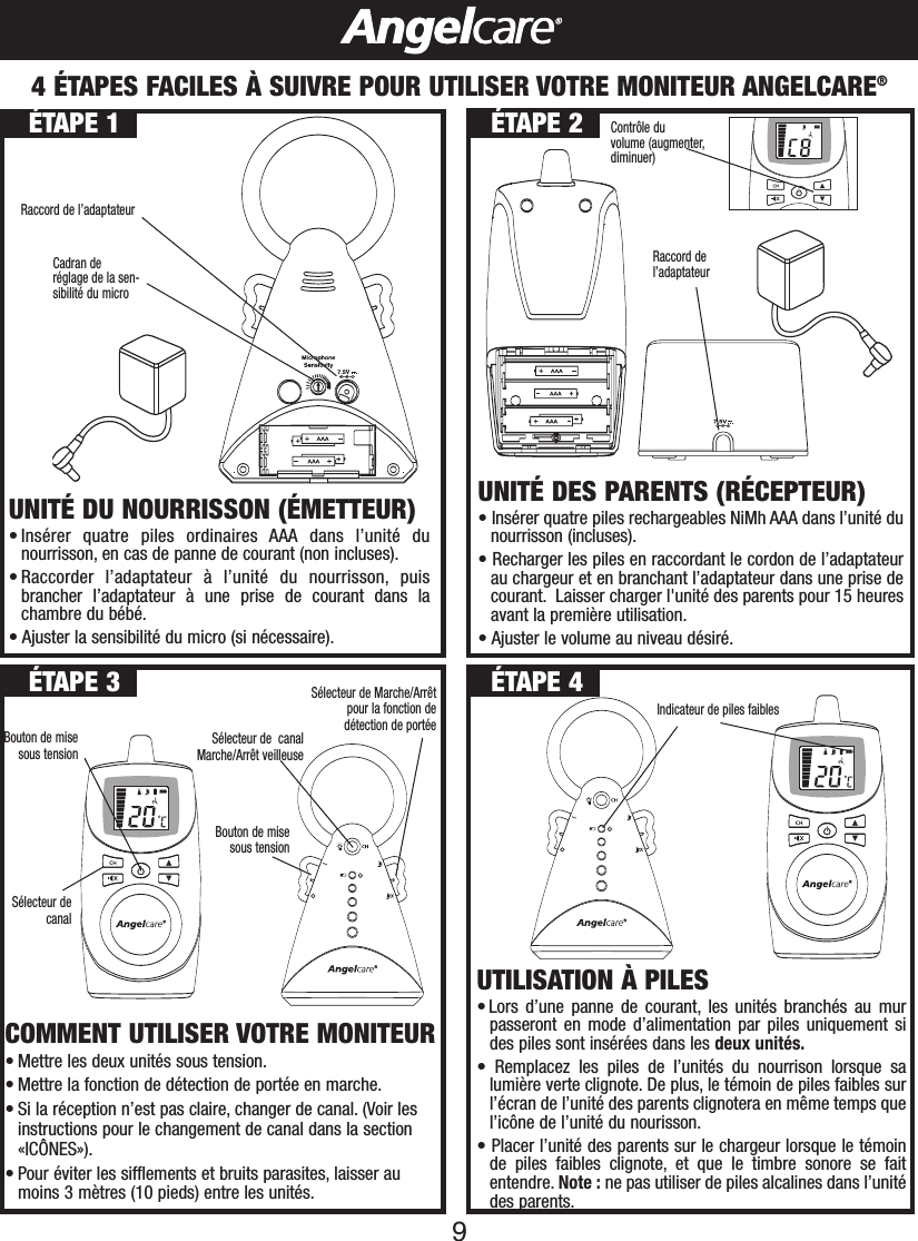 94&Eacute;TAPES FACILES &Agrave; SUIVRE POUR UTILISER VOTRE MONITEUR ANGELCARE&reg;UNIT&Eacute; DES PARENTS (R&Eacute;CEPTEUR)&bull;Ins&eacute;rer quatre piles rechargeables NiMh AAA dans l&rsquo;unit&eacute; dunourrisson (incluses).&bull;Recharger les piles en raccordant le cordon de l&rsquo;adaptateurau chargeur et en branchant l&rsquo;adaptateur dans une prise decourant. Laisser charger l'unit&eacute; des parents pour 15 heuresavant la premi&egrave;re utilisation.&bull; Ajuster le volume au niveau d&eacute;sir&eacute;.UNIT&Eacute; DU NOURRISSON (&Eacute;METTEUR)&bull; Ins&eacute;rer quatre piles ordinaires AAA dans l&rsquo;unit&eacute; dunourrisson, en cas de panne de courant (non incluses).&bull;Raccorder l&rsquo;adaptateur &agrave; l&rsquo;unit&eacute; du nourrisson, puisbrancher l&rsquo;adaptateur &agrave; une prise de courant dans lachambre du b&eacute;b&eacute;.&bull; Ajuster la sensibilit&eacute; du micro (si n&eacute;cessaire).Raccord de l&rsquo;adaptateurCadran der&eacute;glage de la sen-sibilit&eacute; du microRaccord del&rsquo;adaptateurContr&ocirc;le du volume (augmenter,diminuer)UTILISATION &Agrave; PILES&bull; Lors d&rsquo;une panne de courant, les unit&eacute;s branch&eacute;s au murpasseront en mode d&rsquo;alimentation par piles uniquement sides piles sont ins&eacute;r&eacute;es dans les deux unit&eacute;s.&bull;Remplacez les piles de l&rsquo;unit&eacute;s du nourrison lorsque salumi&egrave;re verte clignote. De plus, le t&eacute;moin de piles faibles surl&rsquo;&eacute;cran de l&rsquo;unit&eacute; des parents clignotera en m&ecirc;me temps quel&rsquo;ic&ocirc;ne de l&rsquo;unit&eacute; du nourisson.&bull;Placer l&rsquo;unit&eacute; des parents sur le chargeur lorsque le t&eacute;moinde piles faibles clignote, et que le timbre sonore se faitentendre. Note : ne pas utiliser de piles alcalines dans l&rsquo;unit&eacute;des parents.COMMENT UTILISER VOTRE MONITEUR&bull; Mettre les deux unit&eacute;s sous tension.&bull; Mettre la fonction de d&eacute;tection de port&eacute;e en marche.&bull; Si la r&eacute;ception n&rsquo;est pas claire, changer de canal. (Voir les instructions pour le changement de canal dans la section &laquo;IC&Ocirc;NES&raquo;).&bull;Pour &eacute;viter les sifflements et bruits parasites, laisser au   moins 3 m&egrave;tres (10 pieds) entre les unit&eacute;s.&Eacute;TAPE 1 &Eacute;TAPE 2&Eacute;TAPE 4&Eacute;TAPE 3Bouton de misesous tensionIndicateur de piles faiblesS&eacute;lecteur de  canal Marche/Arr&ecirc;t veilleuseBouton de misesous tensionS&eacute;lecteur decanalS&eacute;lecteur de Marche/Arr&ecirc;tpour la fonction ded&eacute;tection de port&eacute;e 