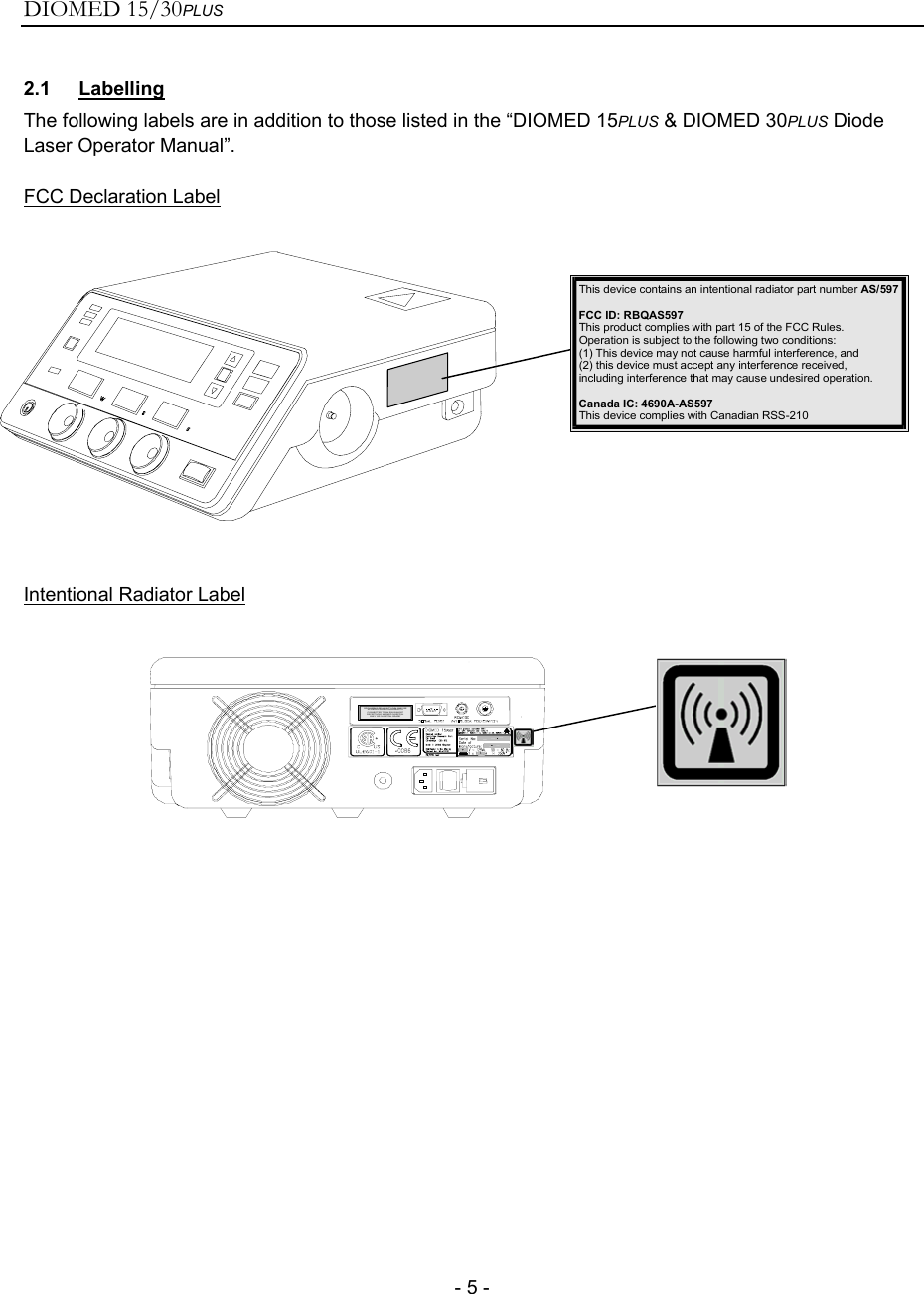 DIOMED 15/30PLUS   - 5 - 2.1 Labelling The following labels are in addition to those listed in the “DIOMED 15PLUS &amp; DIOMED 30PLUS Diode Laser Operator Manual”.  FCC Declaration Label              Intentional Radiator Label    This device contains an intentional radiator part number This product complies with part 15 of the FCC Rules.Operation is subject to the following two conditions:(1) This device may not cause harmful interference, and(2) this device must accept any interference received,including interference that may cause undesired operation.This device complies with Canadian RSS-210AS/597FCC ID: RBQAS597Canada IC: 4690A-AS597GROUNDING RELIABILITY CAN ONLY BEACHIEVED WHEN EQUIPMENT ISCONNECTED TO AN EQUIVALENTRECEPTACLE MARKED ‘HOSPITALONLY’ OR ‘HOSPITAL GRADE’