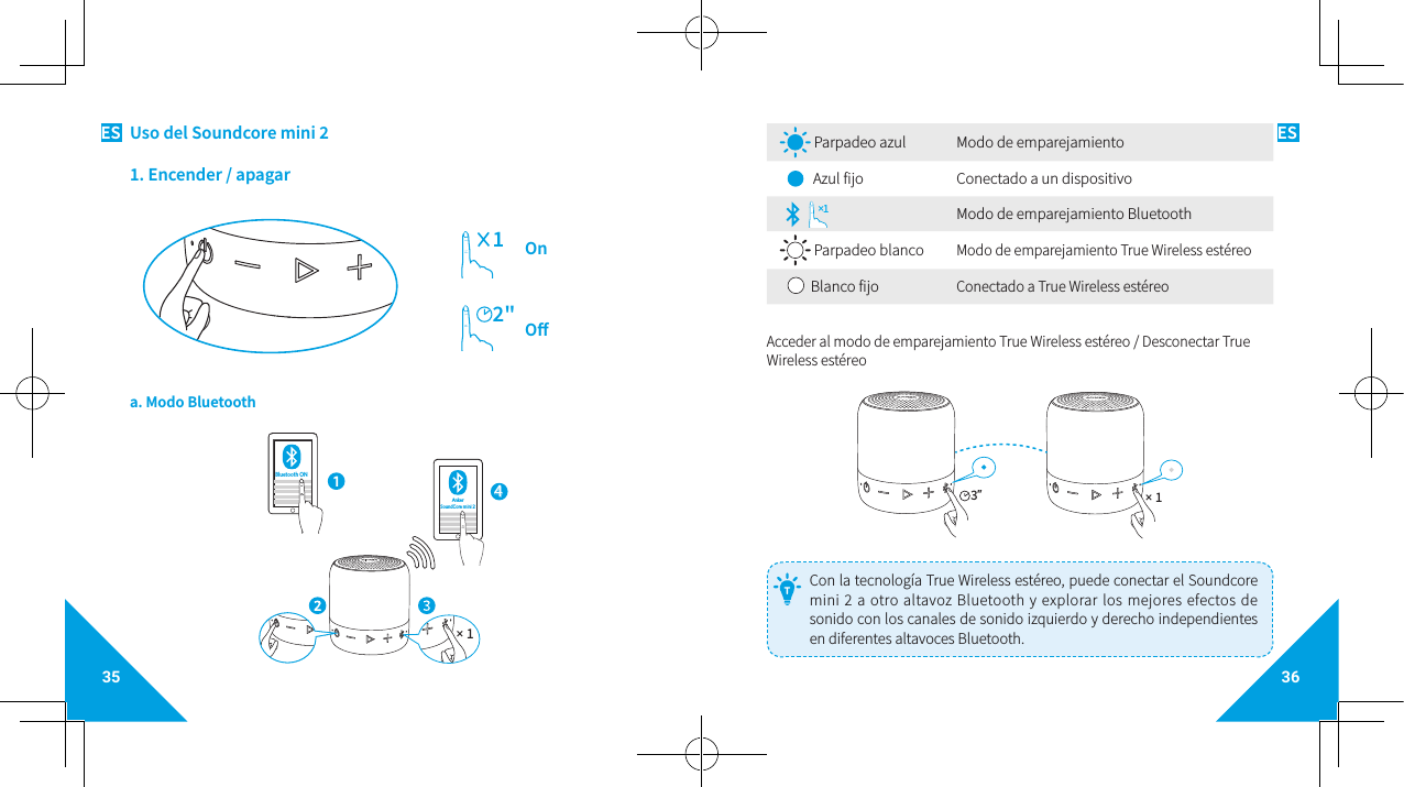 35 36ES ESUso del Soundcore mini 2 1. Encender / apagar           2&quot;1OOna. Modo Bluetooth   Bluetooth ONAnkerSoundCore mini 2× 14 Parpadeo azul Modo de emparejamiento     Azul fijo   Conectado a un dispositivo× 1Modo de emparejamiento Bluetooth Parpadeo blancoModo de emparejamiento True Wireless estéreo  Blanco fijoConectado a True Wireless estéreoAcceder al modo de emparejamiento True Wireless estéreo / Desconectar True Wireless estéreo  3× 1 Con la tecnología True Wireless estéreo, puede conectar el Soundcore mini 2 a otro altavoz Bluetooth y explorar los mejores efectos de sonido con los canales de sonido izquierdo y derecho independientes en diferentes altavoces Bluetooth. T