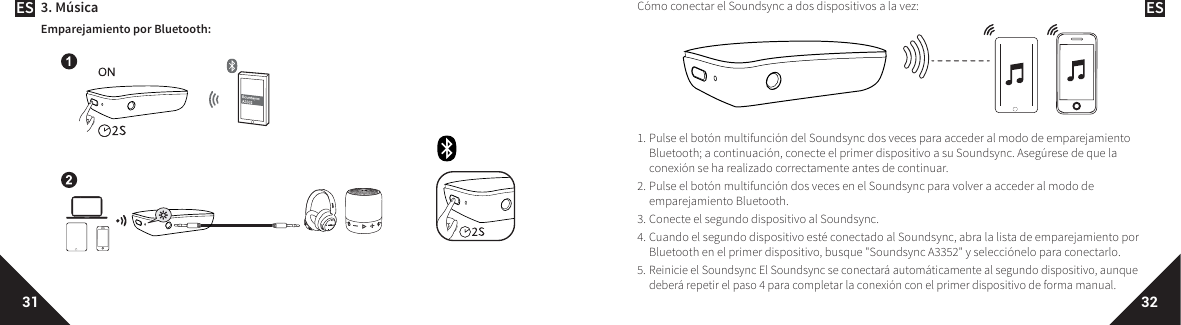 ES ES31 323. MúsicaEmparejamiento por Bluetooth:Cómo conectar el Soundsync a dos dispositivos a la vez:1. Pulse el botón multifunción del Soundsync dos veces para acceder al modo de emparejamiento Bluetooth; a continuación, conecte el primer dispositivo a su Soundsync. Asegúrese de que la conexión se ha realizado correctamente antes de continuar. 2. Pulse el botón multifunción dos veces en el Soundsync para volver a acceder al modo de emparejamiento Bluetooth. 3. Conecte el segundo dispositivo al Soundsync. 4. Cuando el segundo dispositivo esté conectado al Soundsync, abra la lista de emparejamiento por Bluetooth en el primer dispositivo, busque &quot;Soundsync A3352&quot; y selecciónelo para conectarlo.5. Reinicie el Soundsync El Soundsync se conectará automáticamente al segundo dispositivo, aunque deberá repetir el paso 4 para completar la conexión con el primer dispositivo de forma manual. 