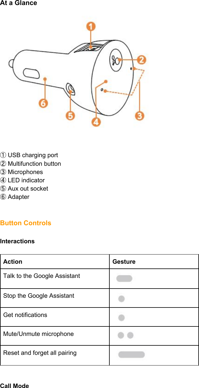 At a Glance    ① USB charging port   ② Multifunction button ③ Microphones ④ LED indicator  ⑤ Aux out socket ⑥ Adapter    Button Controls    Interactions  Action  Gesture  Talk to the Google Assistant   Stop the Google Assistant   Get notifications  Mute/Unmute microphone   Reset and forget all pairing     Call Mode 