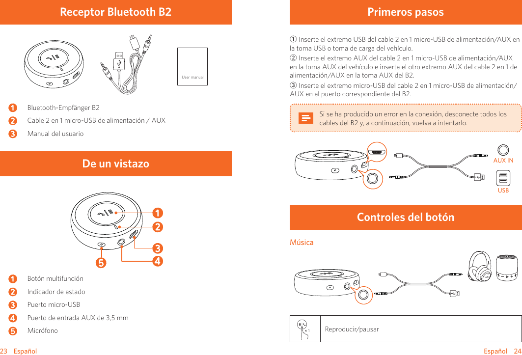 23    Español Español    24Receptor Bluetooth B2User manualBluetooth-Empfänger B2Cable 2 en 1 micro-USB de alimentación / AUXManual del usuarioDe un vistazoBotón multifunciónIndicador de estadoPuerto micro-USBPuerto de entrada AUX de 3,5 mmMicrófonoPrimeros pasos① Inserte el extremo USB del cable 2 en 1 micro-USB de alimentación/AUX en la toma USB o toma de carga del vehículo. ② Inserte el extremo AUX del cable 2 en 1 micro-USB de alimentación/AUX en la toma AUX del vehículo e inserte el otro extremo AUX del cable 2 en 1 de alimentación/AUX en la toma AUX del B2.③ Inserte el extremo micro-USB del cable 2 en 1 micro-USB de alimentación/AUX en el puerto correspondiente del B2.Si se ha producido un error en la conexión, desconecte todos los cables del B2 y, a continuación, vuelva a intentarlo. USBAUX INControles del botónMúsica1Reproducir/pausar