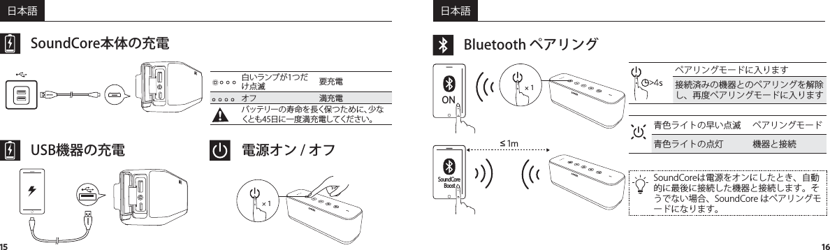 15 16日本語 日本語SoundCore本体の充電白いランプが1つだけ点滅 要充電オフ 満充電バッテリーの寿命を長く保つために、少なくとも45日に一度満充電してください。USB機器の充電 電源オン / オフ1Bluetooth ペアリングONSoundCore Boost1m1ペアリングモードに入ります接続済みの機器とのペアリングを解除し、再度ペアリングモードに入ります青色ライトの早い点滅 ペアリングモード青色ライトの点灯 機器と接続SoundCoreは電源をオンにしたとき、自動的に最後に接続した機器と接続します。そうでない場合、SoundCore はペアリングモードになります。