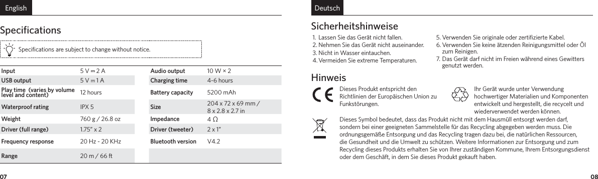 08Deutsch07EnglishSpecifications Specifications are subject to change without notice.Input 5 V   2 A Audio output 10 W × 2USB output 5 V   1 A Charging time 4-6 hoursPlay time  (varies by volume level and content) 12 hours Battery capacity 5200 mAhWaterproof rating IPX 5  Size 204 x 72 x 69 mm / 8 x 2.8 x 2.7 inWeight 760 g / 26.8 oz Impedance 4 ΩDriver (full range) 1.75” x 2 Driver (tweeter) 2 x 1”Frequency response 20 Hz - 20 KHz  Bluetooth version V4.2Range 20 m / 66 ft Sicherheitshinweise1.  Lassen Sie das Gerät nicht fallen.2. Nehmen Sie das Gerät nicht auseinander.3. Nicht in Wasser eintauchen.4. Vermeiden Sie extreme Temperaturen.5. Verwenden Sie originale oder zertiﬁzierte Kabel.6. Verwenden Sie keine ätzenden Reinigungsmittel oder Öl zum Reinigen.7. Das Gerät darf nicht im Freien während eines Gewitters genutzt werden.HinweisDieses Produkt entspricht den Richtlinien der Europäischen Union zu Funkstörungen.Ihr Gerät wurde unter Verwendung hochwertiger Materialien und Komponenten entwickelt und hergestellt, die recycelt und wiederverwendet werden können.Dieses Symbol bedeutet, dass das Produkt nicht mit dem Hausmüll entsorgt werden darf, sondern bei einer geeigneten Sammelstelle für das Recycling abgegeben werden muss. Die ordnungsgemäße Entsorgung und das Recycling tragen dazu bei, die natürlichen Ressourcen, die Gesundheit und die Umwelt zu schützen. Weitere Informationen zur Entsorgung und zum Recycling dieses Produkts erhalten Sie von Ihrer zuständigen Kommune, Ihrem Entsorgungsdienst oder dem Geschäft, in dem Sie dieses Produkt gekauft haben.