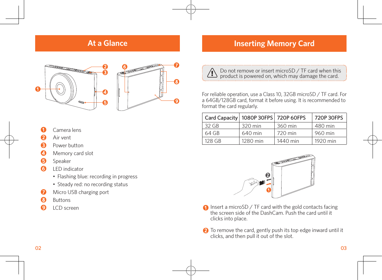 02       03Inserting Memory CardDo not remove or insert microSD / TF card when this product is powered on, which may damage the card.For reliable operation, use a Class 10, 32GB microSD / TF card. For a 64GB/128GB card, format it before using. It is recommended to format the card regularly. Card Capacity 1080P 30FPS 720P 60FPS 720P 30FPS32 GB 320 min 360 min 480 min64 GB 640 min 720 min 960 min128 GB 1280 min 1440 min 1920 minInsert a microSD / TF card with the gold contacts facing the screen side of the DashCam. Push the card until it clicks into place.To remove the card, gently push its top edge inward until it clicks, and then pull it out of the slot.At a GlanceCamera lensAir ventPower button Memory card slotSpeaker LED indicator•  Flashing blue: recording in progress•  Steady red: no recording statusMicro USB charging portButtonsLCD screen