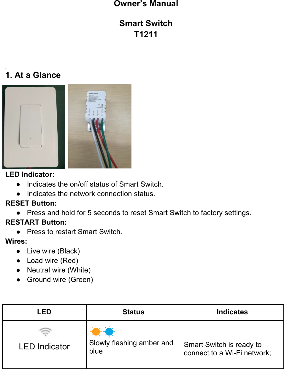 Owner’s ManualSmart SwitchT12111. At a GlanceLED Indicator:● Indicates the on/off status of Smart Switch.● Indicates the network connection status.RESET Button:● Press and hold for 5 seconds to reset Smart Switch to factory settings.RESTART Button:● Press to restart Smart Switch.Wires:● Live wire (Black)● Load wire (Red)● Neutral wire (White)● Ground wire (Green)LED Status IndicatesLED Indicator Slowly flashing amber andblue Smart Switch is ready toconnect to a Wi-Fi network;