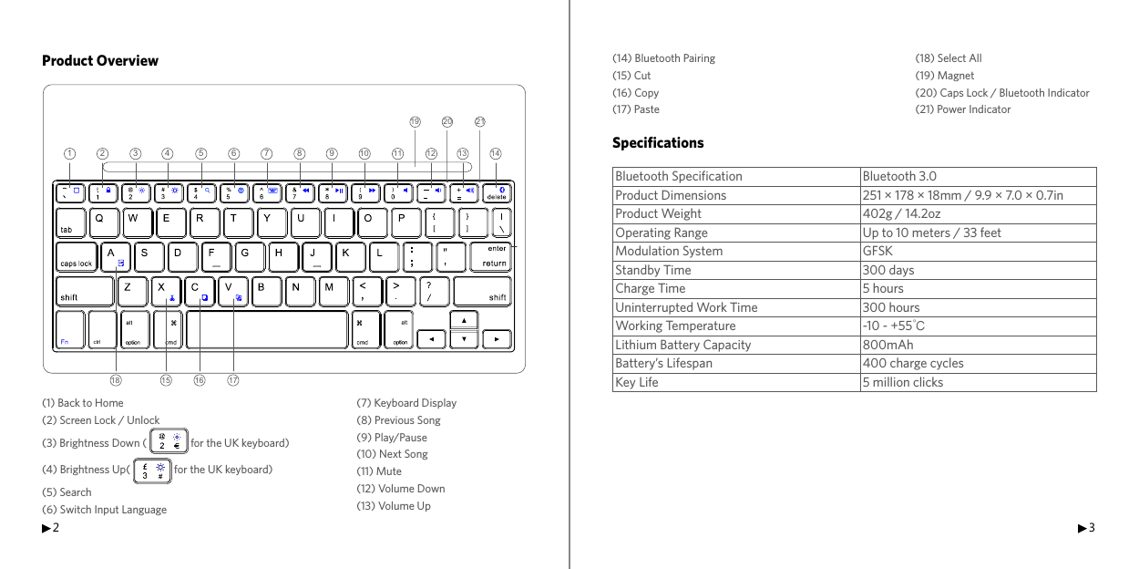 2 3Product Overview(1) Back to Home(2) Screen Lock / Unlock (3) Brightness Down (                 for the UK keyboard)(4) Brightness Up(                 for the UK keyboard)(5) Search(6) Switch Input Language (14) Bluetooth Pairing(15) Cut(16) Copy (17) Paste(7) Keyboard Display(8) Previous Song(9) Play/Pause(10) Next Song(11) Mute(12) Volume Down(13) Volume Up(18) Select All(19) Magnet(20) Caps Lock / Bluetooth Indicator(21) Power Indicatorctrl1 2 3 4 5 6 7 8 9 10 11 12 13 141518 16 1719 20 21 SpecificationsBluetooth Specification Bluetooth 3.0Product Dimensions 251 × 178 × 18mm / 9.9 × 7.0 × 0.7inProduct Weight 402g / 14.2ozOperating Range Up to 10 meters / 33 feetModulation System GFSKStandby Time 300 daysCharge Time 5 hoursUninterrupted Work Time 300 hoursWorking Temperature -10 - +55℃Lithium Battery Capacity 800mAhBattery’s Lifespan  400 charge cyclesKey Life 5 million clicks