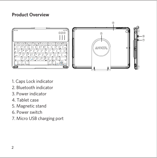 2Product Overview1. Caps Lock indicator2. Bluetooth indicator3. Power indicator4. Tablet case5. Magnetic stand6. Power switch7. Micro USB charging port①②③④⑤⑥⑦