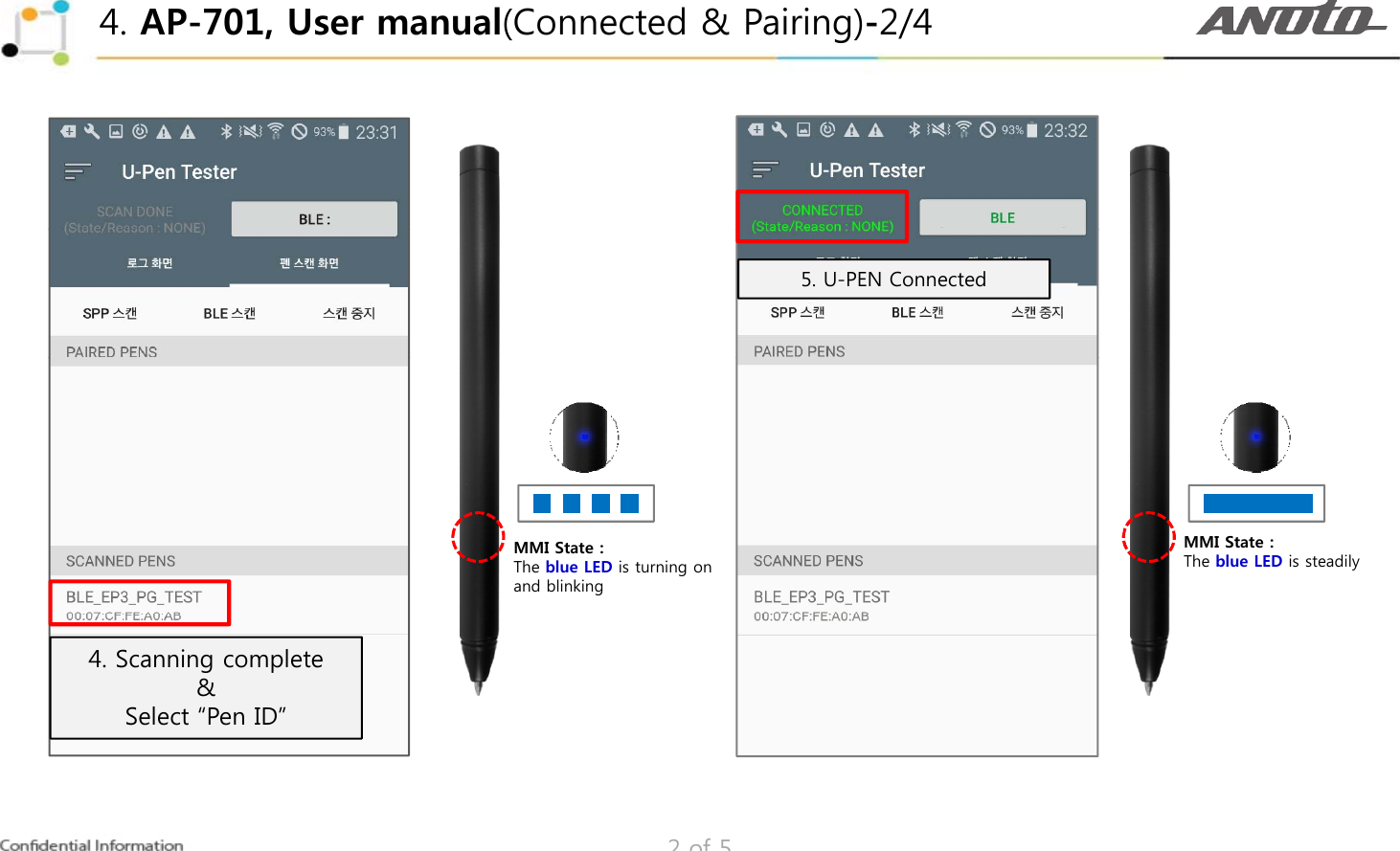 4. AP-701, User manual(Connected &amp; Pairing)-2/45. U-PEN ConnectedMMI State : The blue LED is turning on and blinkingMMI State : The blue LED is steadily4. Scanning complete&amp;Select “Pen ID”2 of 5