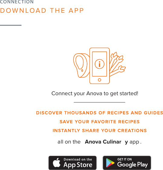 8CONNECTIONDOWNLOAD THE APPConnect your Anova to get started!all on the  Anova Culinar y app .