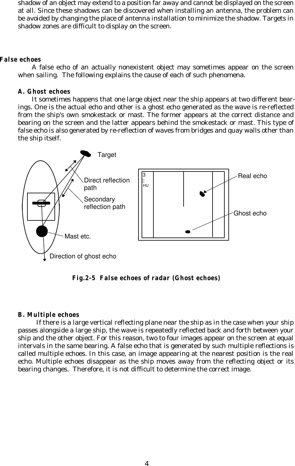 4shadow of an object may extend to a position far away and cannot be displayed on the screenat all. Since these shadows can be discovered when installing an antenna, the problem canbe avoided by changing the place of antenna installation to minimize the shadow. Targets inshadow zones are difficult to display on the screen.False echoesA false echo of an actually nonexistent object may sometimes appear on the screenwhen sailing.  The following explains the cause of each of such phenomena.A. Ghost echoesIt sometimes happens that one large object near the ship appears at two different bear-ings. One is the actual echo and other is a ghost echo generated as the wave is re-reflectedfrom the ship&apos;s own smokestack or mast. The former appears at the correct distance andbearing on the screen and the latter appears behind the smokestack or mast. This type offalse echo is also generated by re-reflection of waves from bridges and quay walls other thanthe ship itself.B. Multiple echoesIf there is a large vertical reflecting plane near the ship as in the case when your shippasses alongside a large ship, the wave is repeatedly reflected back and forth between yourship and the other object. For this reason, two to four images appear on the screen at equalintervals in the same bearing. A false echo that is generated by such multiple reflections iscalled multiple echoes. In this case, an image appearing at the nearest position is the realecho. Multiple echoes disappear as the ship moves away from the reflecting object or itsbearing changes.  Therefore, it is not difficult to determine the correct image.TargetDirect reflectionpathSecondaryreflection pathMast etc.Real echoGhost echoDirection of ghost echo3１ HUFig.2-5  False echoes of radar (Ghost echoes)