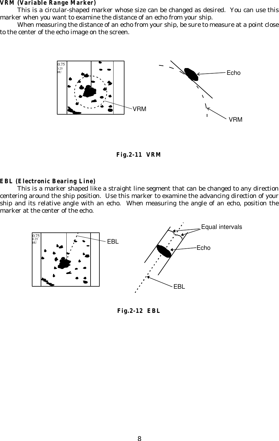 8VRM (Variable Range Marker)This is a circular-shaped marker whose size can be changed as desired.  You can use thismarker when you want to examine the distance of an echo from your ship.When measuring the distance of an echo from your ship, be sure to measure at a point closeto the center of the echo image on the screen.EBL (Electronic Bearing Line)This is a marker shaped like a straight line segment that can be changed to any directioncentering around the ship position.  Use this marker to examine the advancing direction of yourship and its relative angle with an echo.  When measuring the angle of an echo, position themarker at the center of the echo.VRMEcho0.750.25HUVRMFig.2-11  VRM0.750.25HU EBL EchoEBLEqual intervalsFig.2-12  EBL